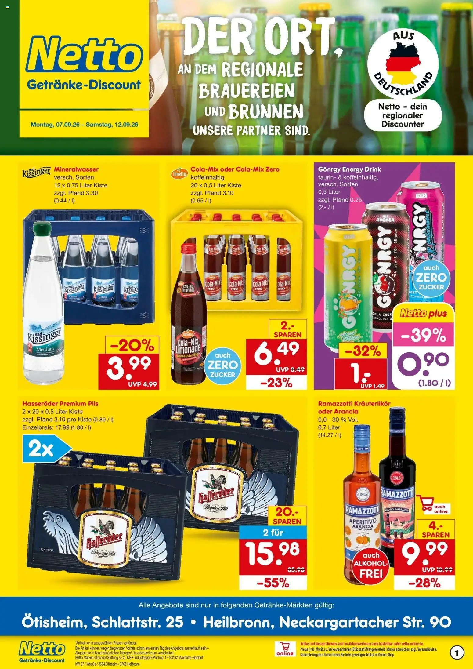 Vorschau von dem Prospekt des Geschäftes Netto Marken-Discount, gültig ab dem 07.09.2026 - Cola, Mineralwasser, Alkohol, Ramazzotti, Zucker, Rama, Hasseröder, Pils