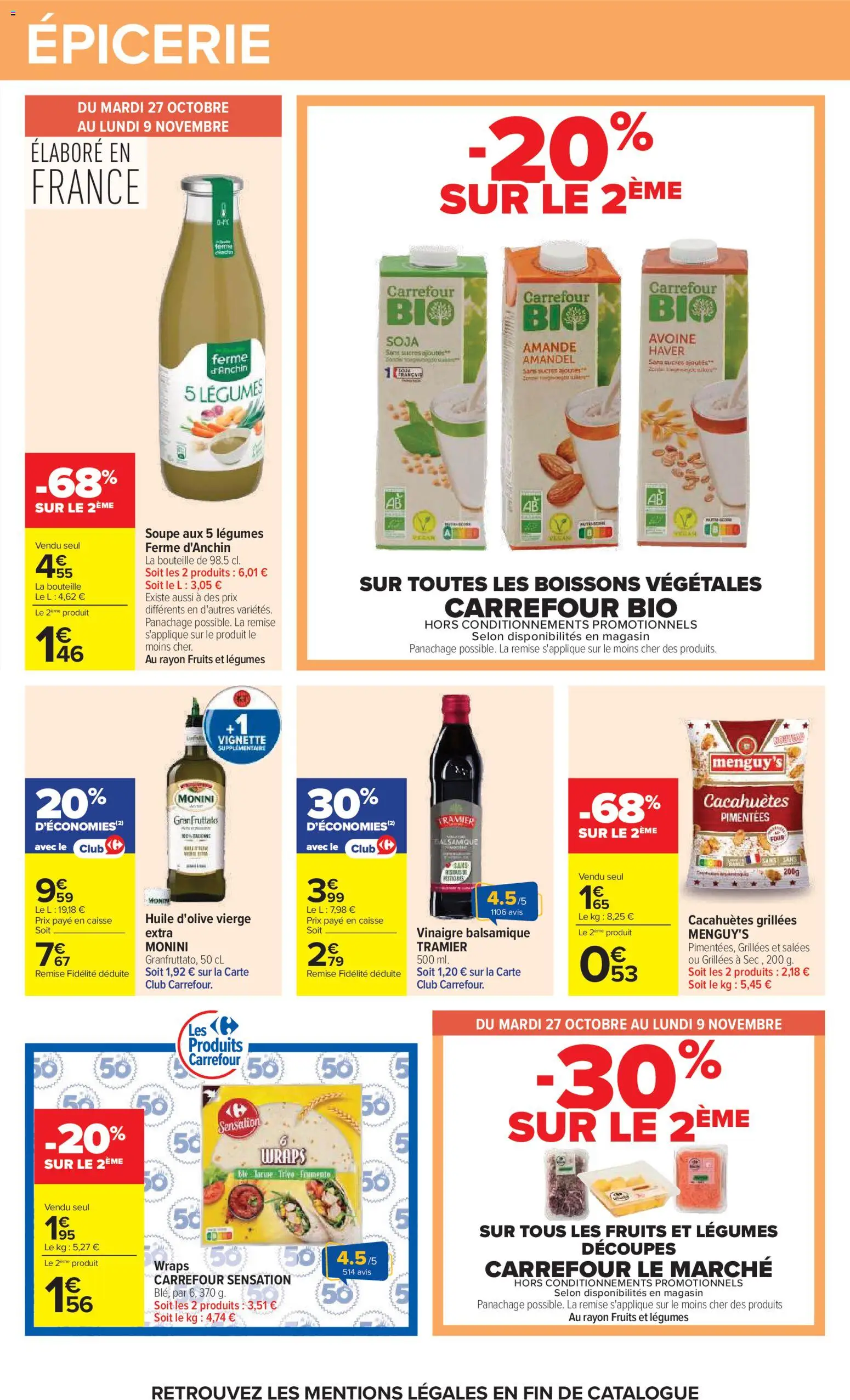 Prévisualisation de Carrefour Vos promos du quotidien du magasin Carrefour formulaire valide 27/10/2026 - Fruits, Cacahuètes, Soupe, Bouteille, Vinaigre, Boissons, Huile D'olive, Huile d'olive vierge extra