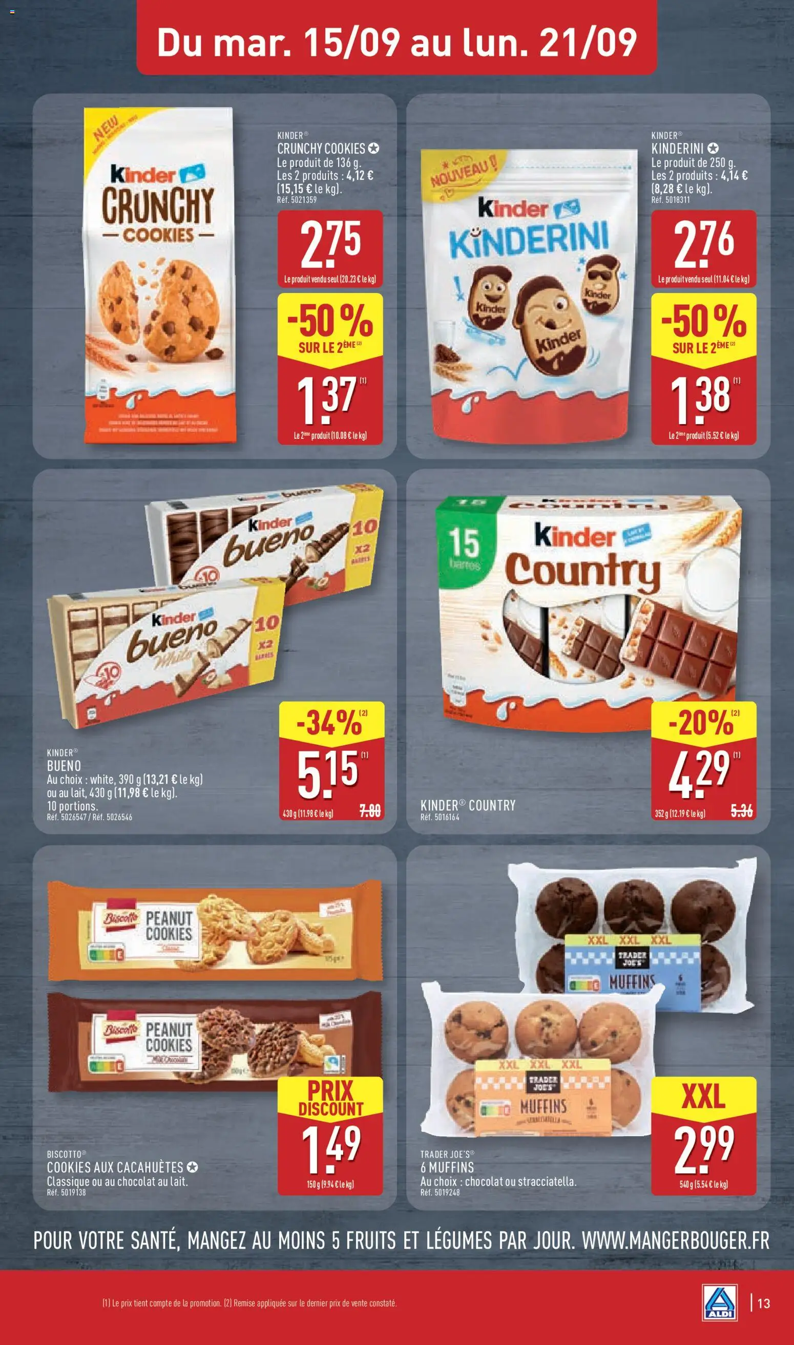 Prévisualisation de Aldi catalogue du magasin Aldi formulaire valide 15/09/2026 - Cookies, Chocolat, Fruits, Muffins, Kinder Bueno, Cacahuètes, Biscuits, Kinder country