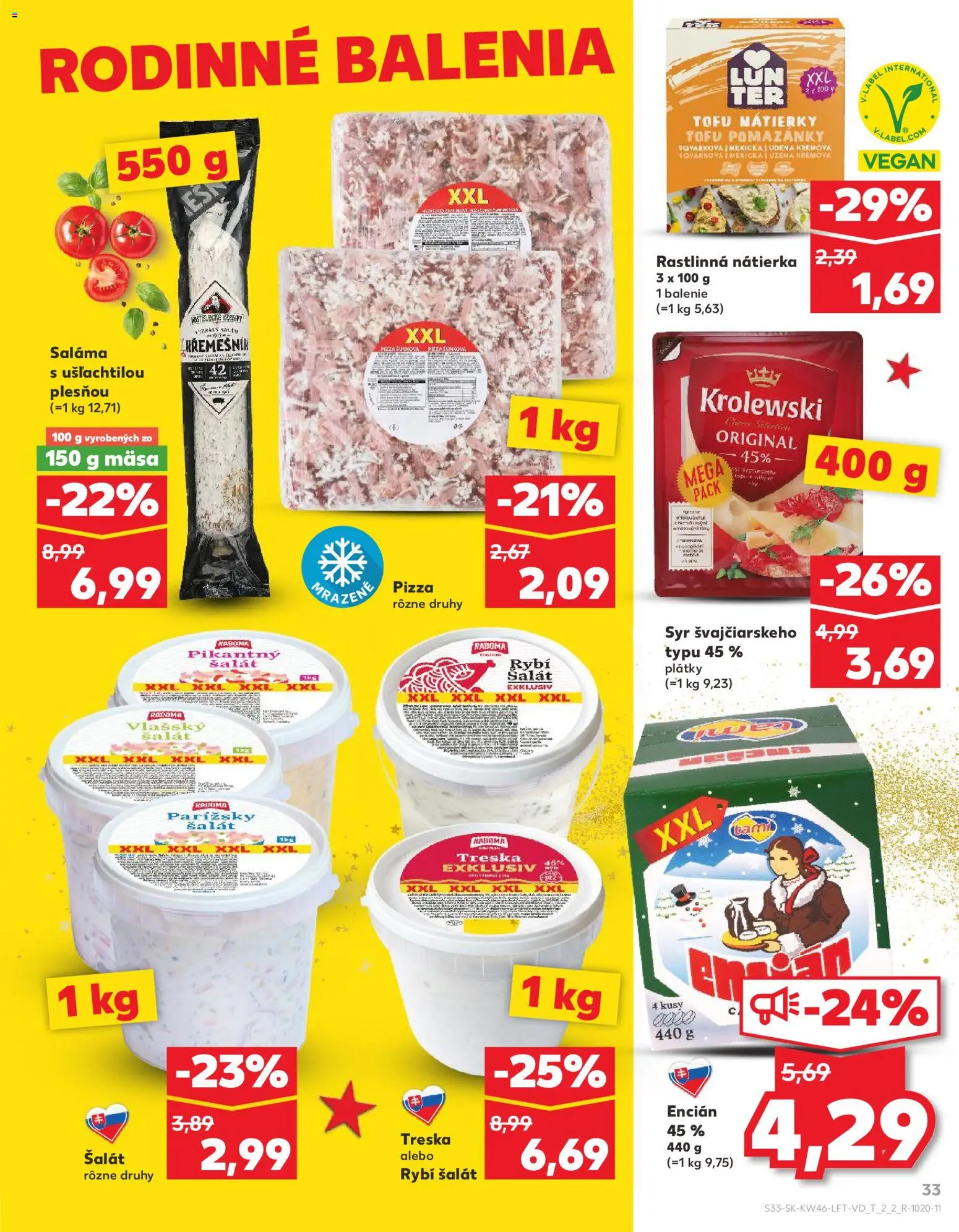 Náhľad Kaufland letáku platného od 13.11.2025 - Pizza, Syr, Šalát, Tofu, Treska, Nátierka, Saláma, Encián