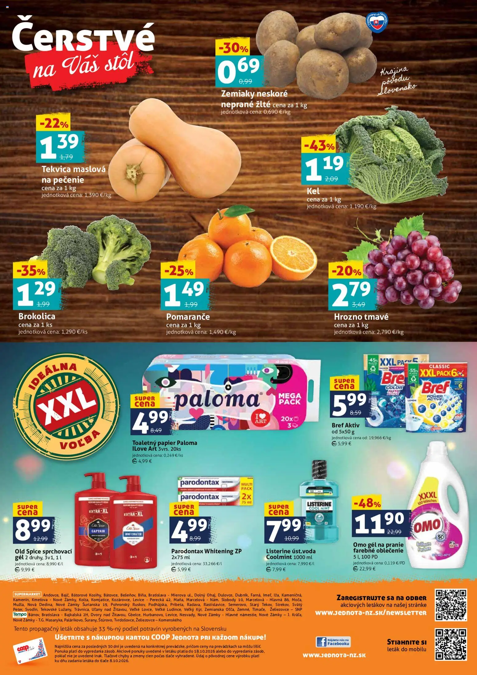 Náhľad COOP Jednota letáku platného od 16.10.2026 - Tekvica, Stôl, Old Spice, Toaletný papier, Zemiaky, Hrozno, Pomaranče, Gél na pranie