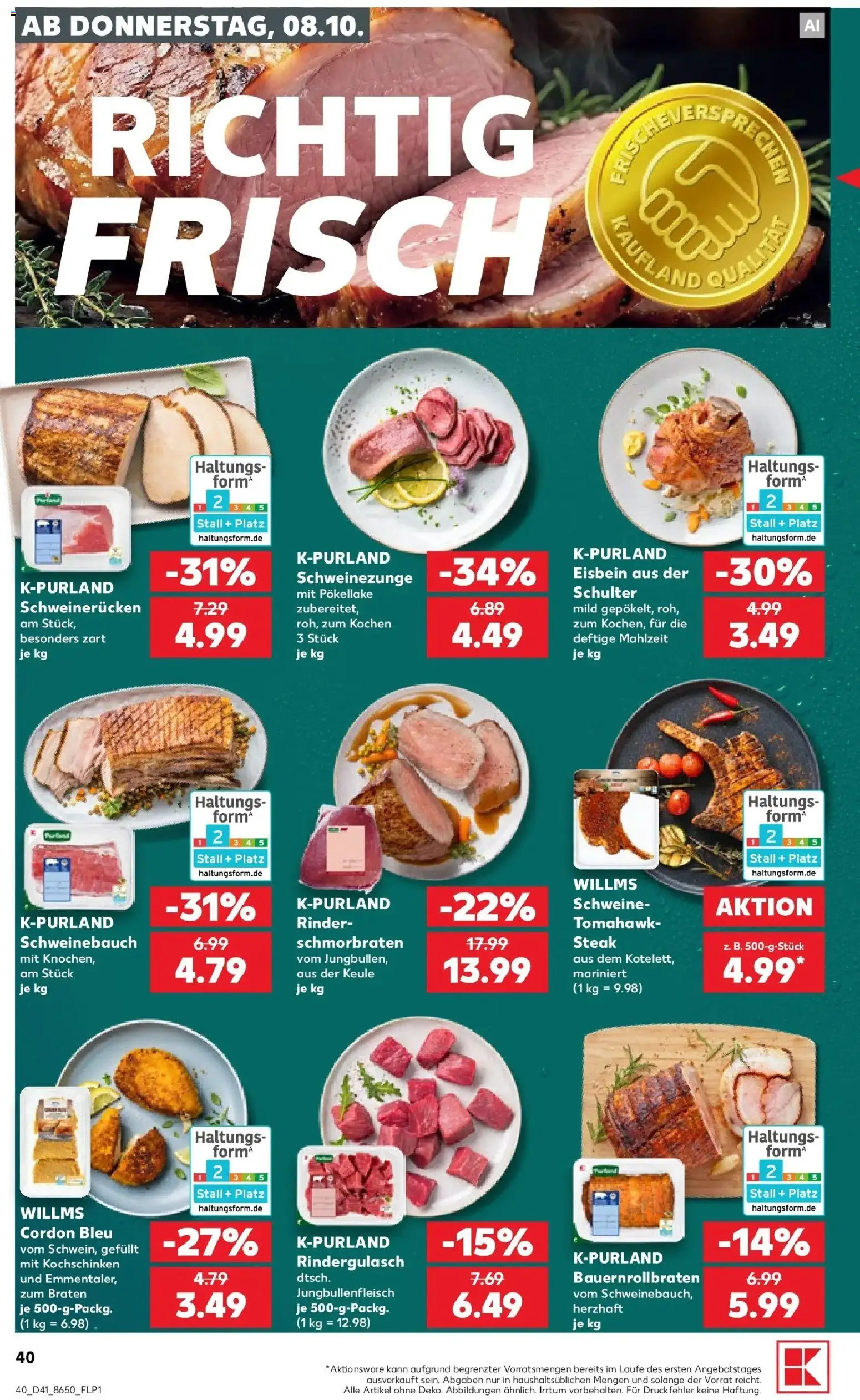 Vorschau von dem Prospekt des Geschäftes Kaufland, gültig ab dem 08.10.2026 - Steak, Rindergulasch, Schweinebauch, Schulter, Schweinerucken
