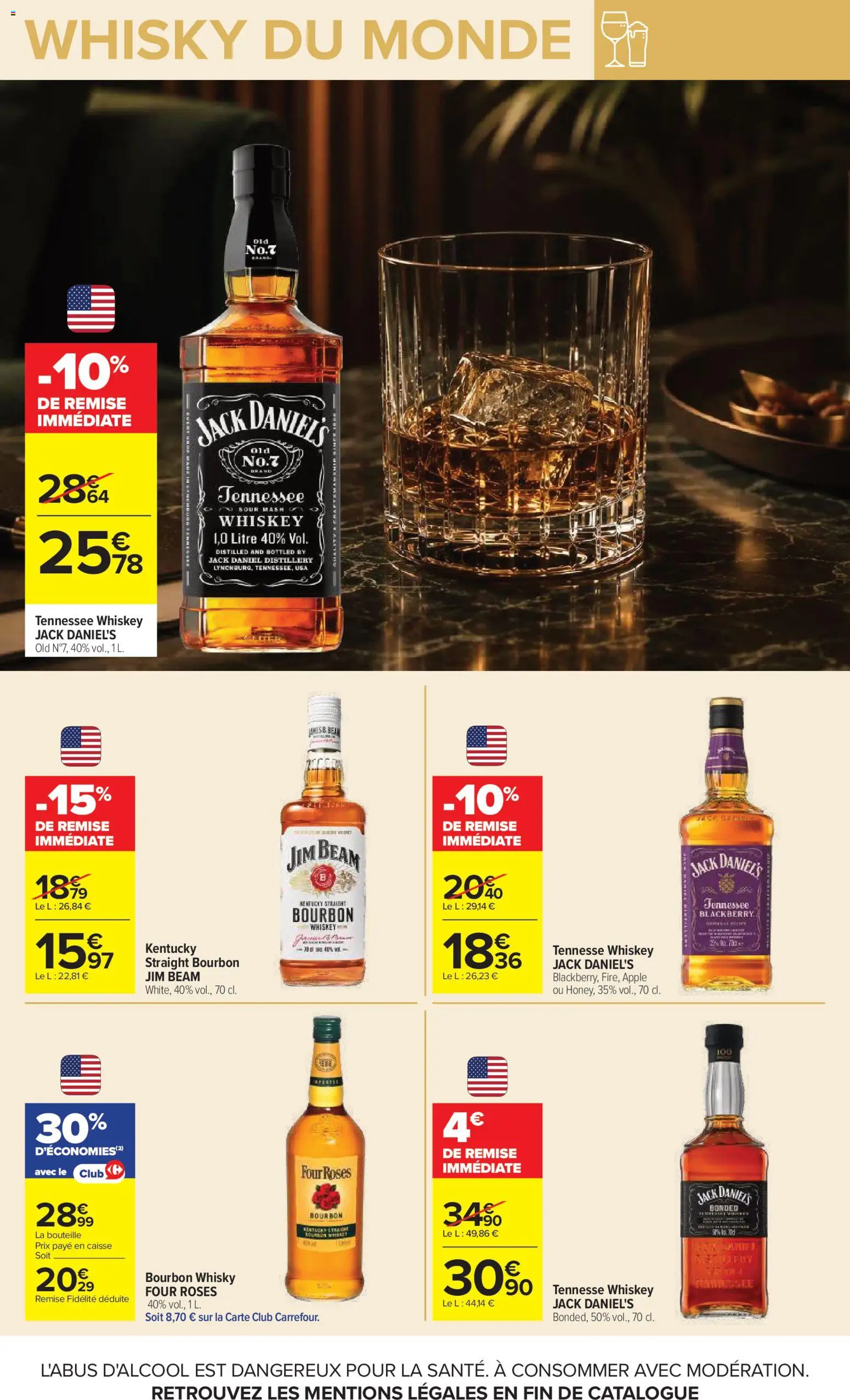 Prévisualisation de Carrefour Vos promos du quotidien du magasin Carrefour formulaire valide 27/10/2026 - Whisky, Four, Bourbon, Bouteille, Jack Daniel's, Jim Beam