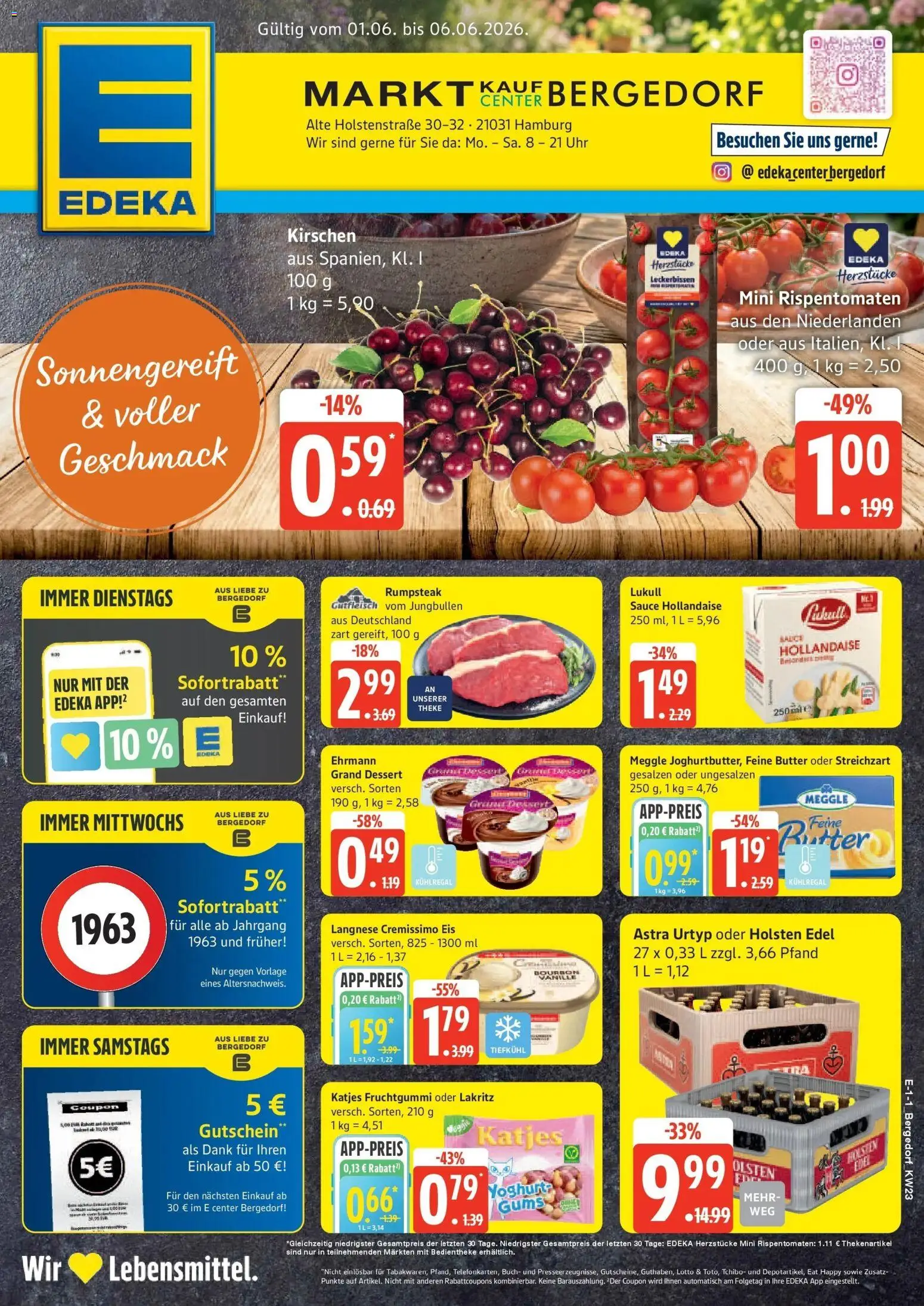 Vorschau von dem Prospekt des Geschäftes Edeka, gültig ab dem 01.06.2026 - Uhr, Steak, Rumpsteak, Kirschen, Astra, Langnese cremissimo, Holsten edel, Ehrmann grand dessert