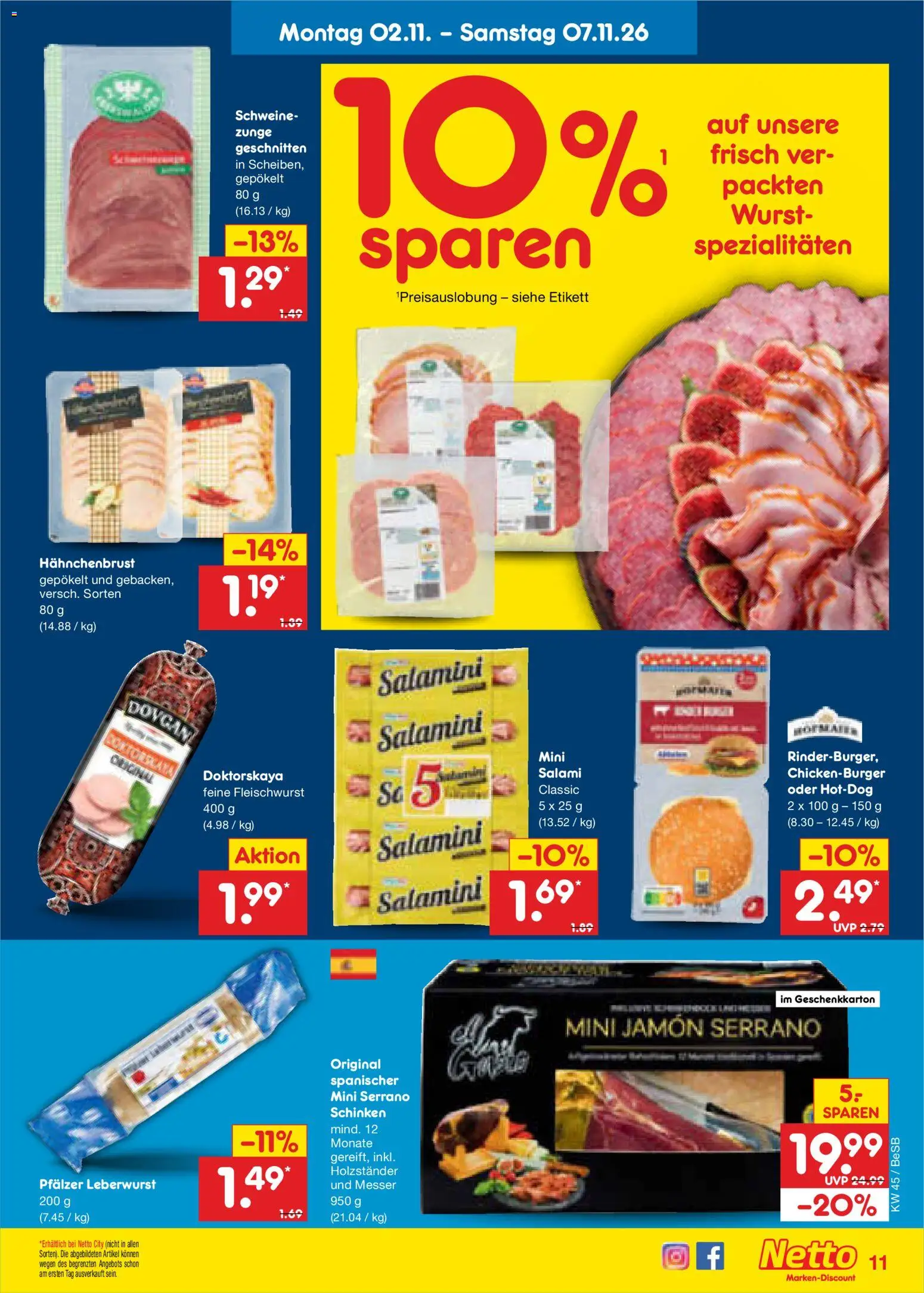 Vorschau von dem Prospekt des Geschäftes Netto Marken-Discount, gültig ab dem 02.11.2026 - Wurst, Salami, Schinken, Serrano schinken, Spezialitäten, Hahnchenbrust