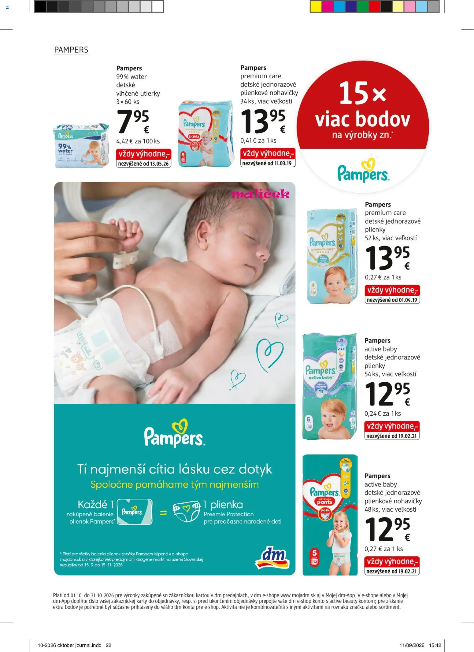 Náhľad dm drogerie letáku platného od 01.10.2026 - Nohavičky, Pampers, Plienky, Pampers Premium Care, Utierky