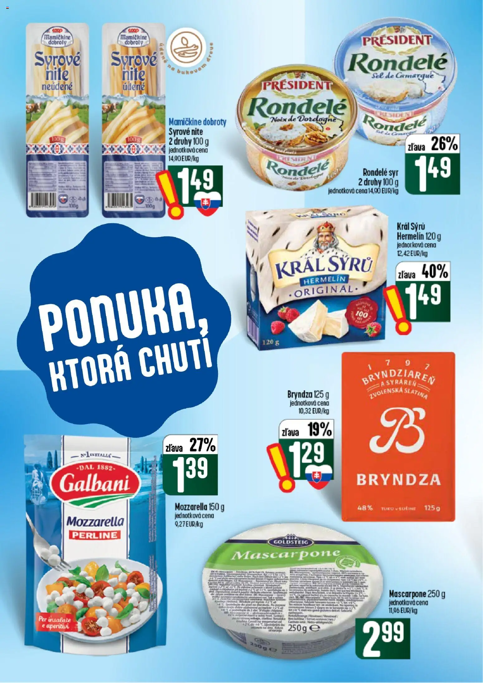 Náhľad COOP Jednota letáku platného od 10.09.2026 - Syr, Mascarpone, Bryndza, Mozzarella, Hermelín