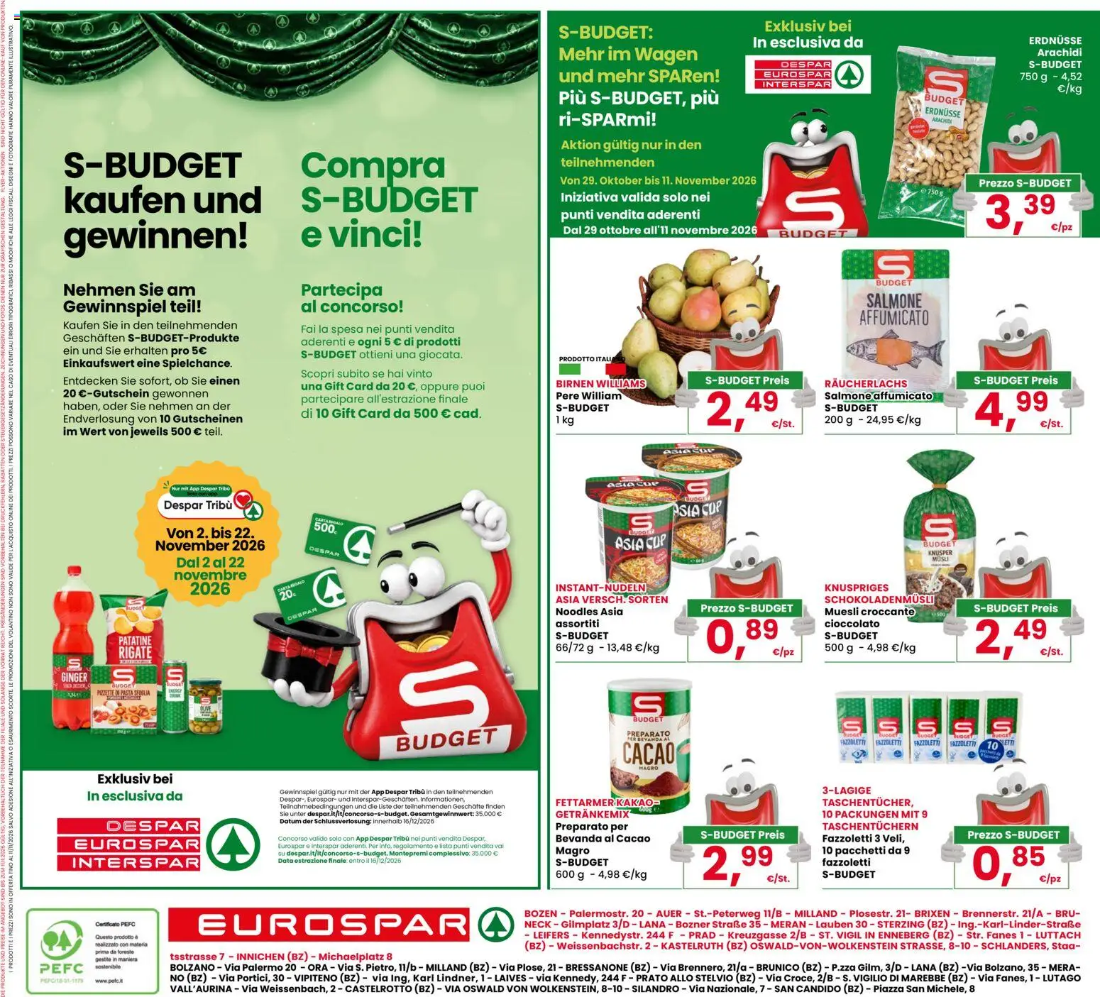 Anteprima dell'opuscolo Eurospar volantino Ora dal negozio Eurospar valido da 29/10/2026 - Cioccolato, Pasta sfoglia, Salmone, Muesli, Patatine, Arachidi, Fazzoletti, Pere