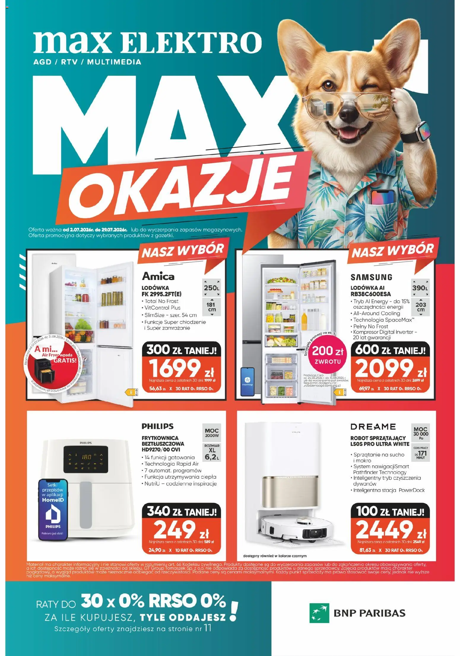 Pogląd gazetki "Max elektro gazetka" ze sklepu Max elektro ważnej od 02.07.2026 - Lodówka, Robot sprzątający, Kompresor, Frytkownica, Robot