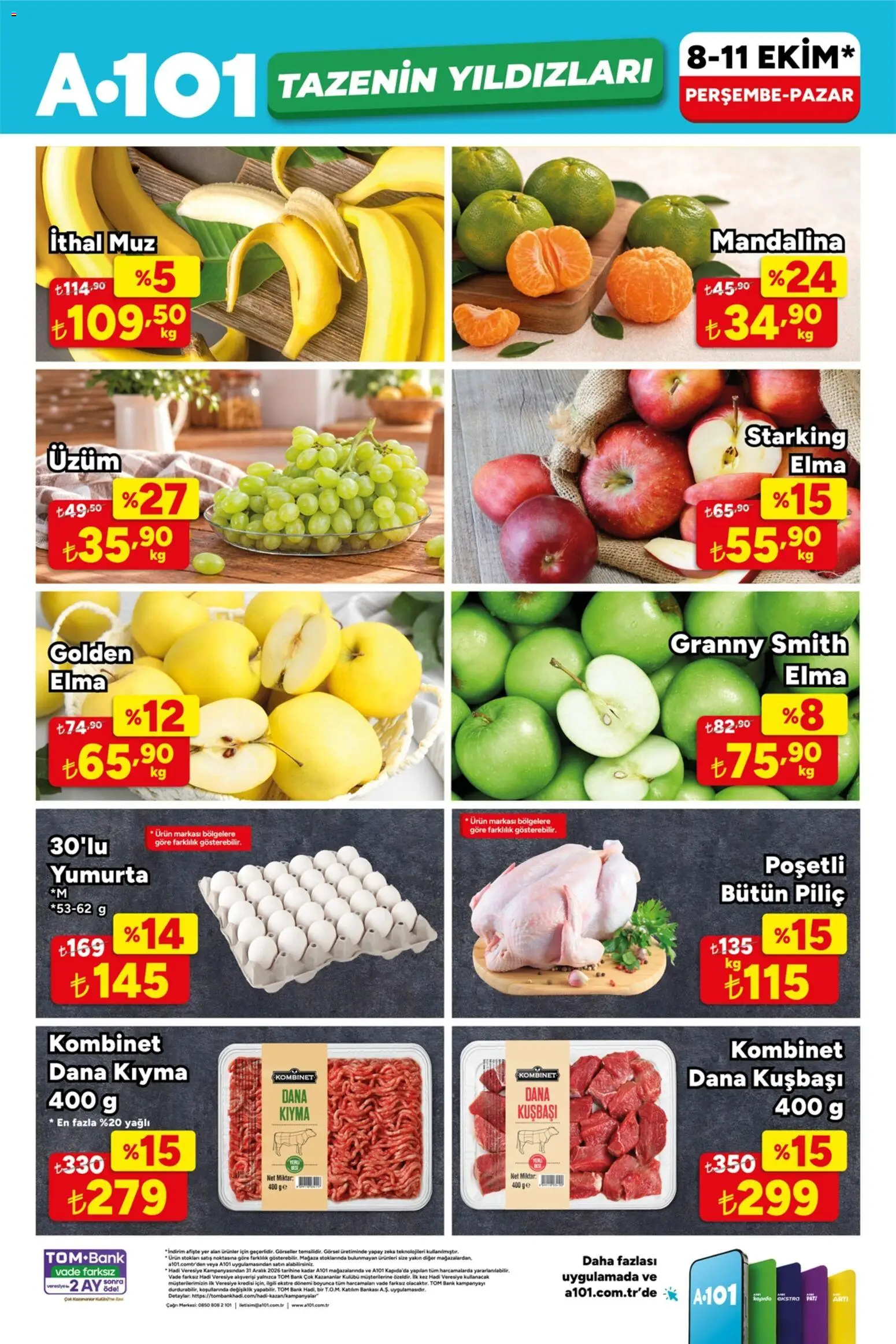 A101 A101 - Tazenin Yıldızları 08.10.2026 - Broşürünün önizlemesi - Yumurta, Kıyma, Elma, Muz, Üzüm, Mandalina, Piliç, Dana kuşbaşı