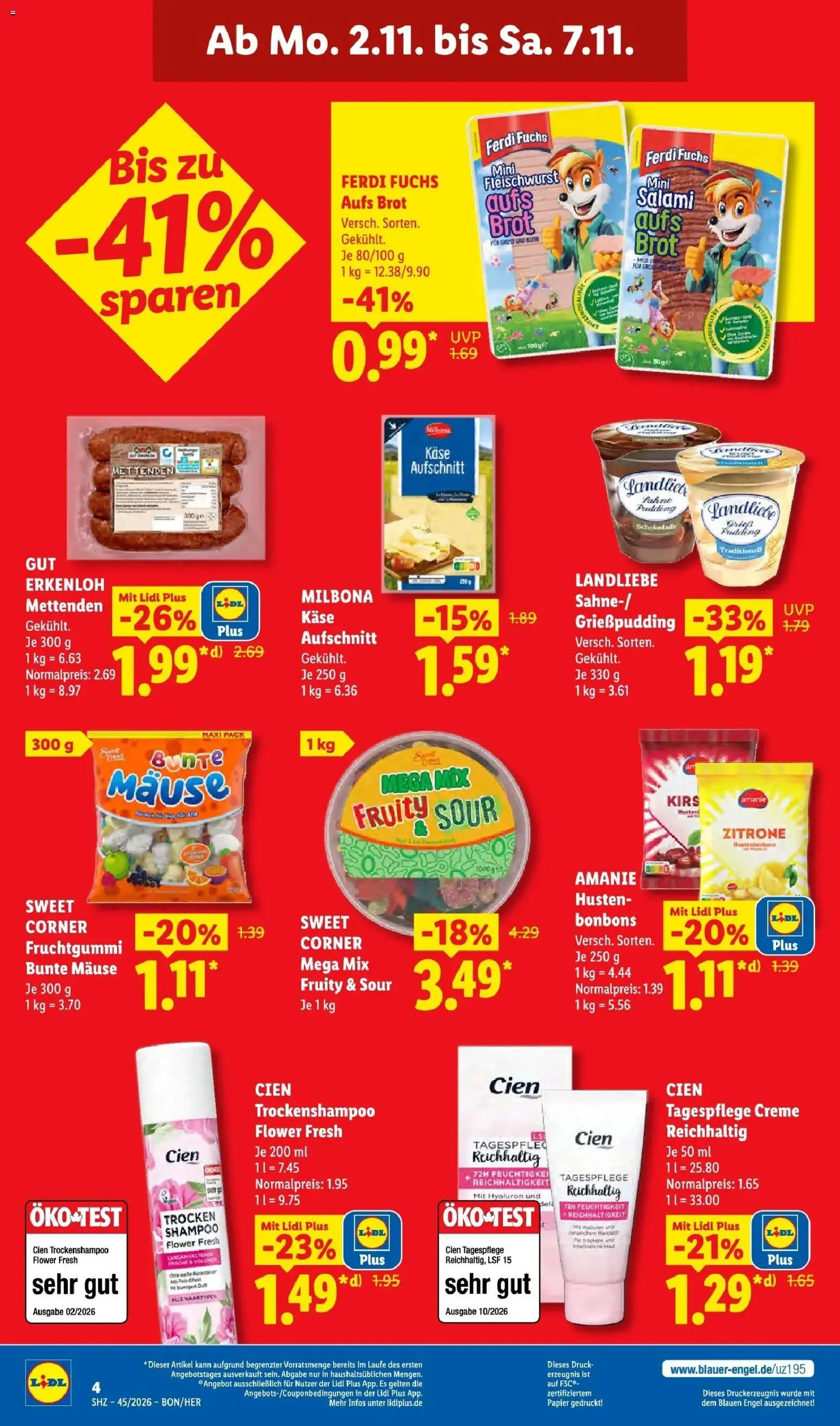 Vorschau von dem Prospekt des Geschäftes Lidl, gültig ab dem 02.11.2026 - Käse, Schokolade, Brot, Shampoo, Zitrone, Salami, Pudding, Creme
