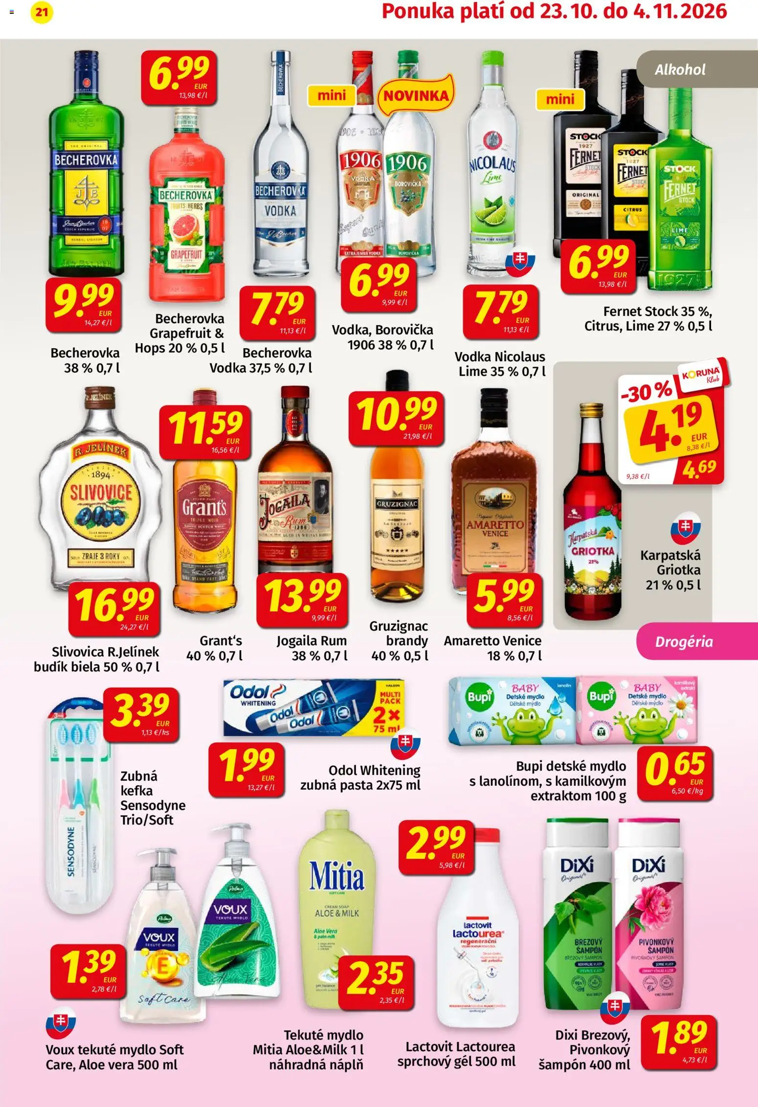 Náhľad Koruna letáku platného od 23.10.2026 - Rum, Vodka, Amaretto, Griotka, Mydlo, Lactovit, Fernet Stock, Zubná pasta