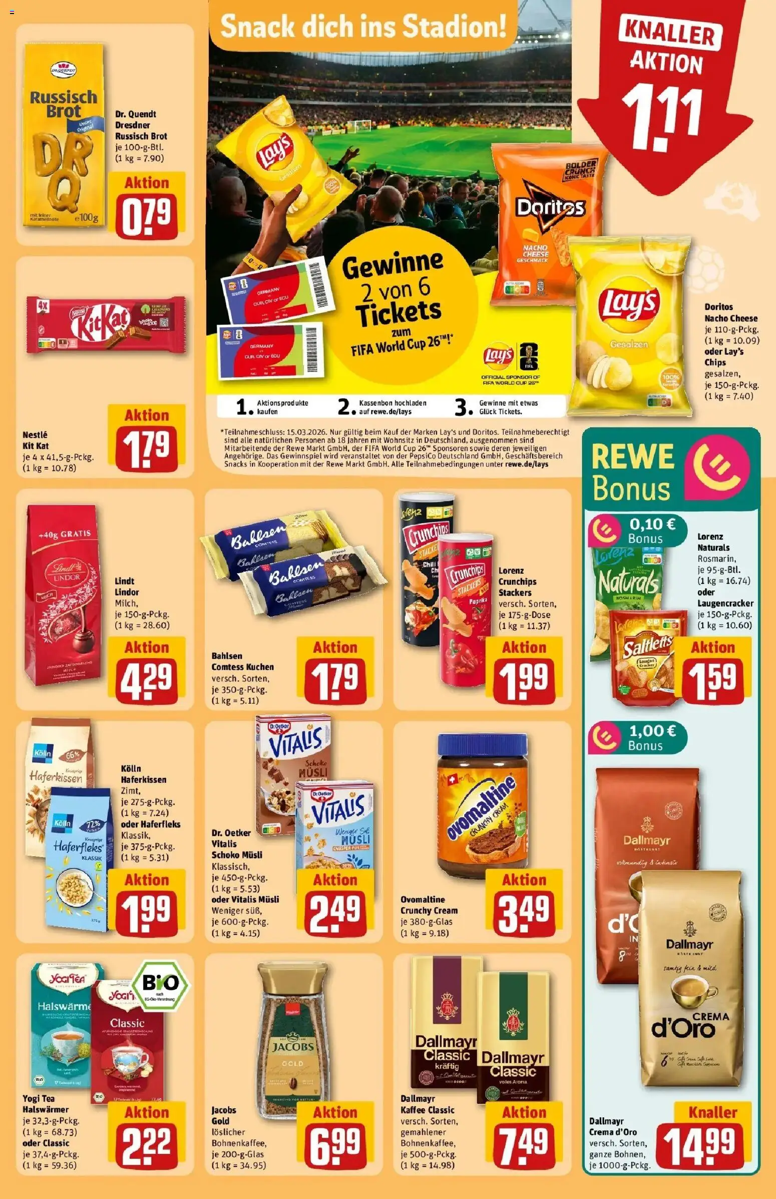 Vorschau von dem Prospekt des Geschäftes Rewe, gültig ab dem 02.03.2026 - Kaffee, Lindt, Brot, Milch, Dallmayr, Lorenz crunchips, Kolln, Musli