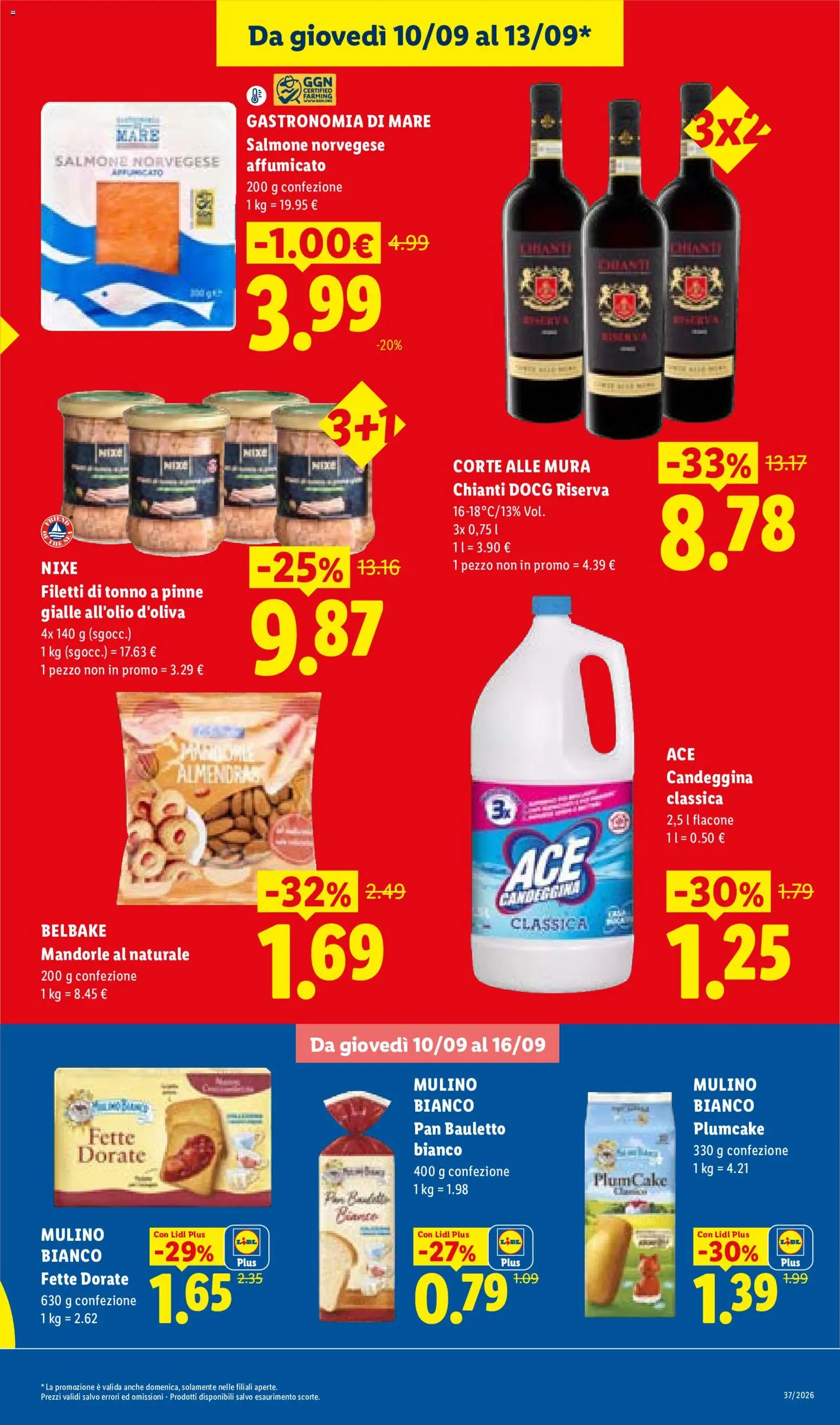 Anteprima dell'opuscolo Lidl volantino dal negozio Lidl valido da 10/09/2026 - Plumcake, Salmone, Tonno, Mandorle, Candeggina, Pinne