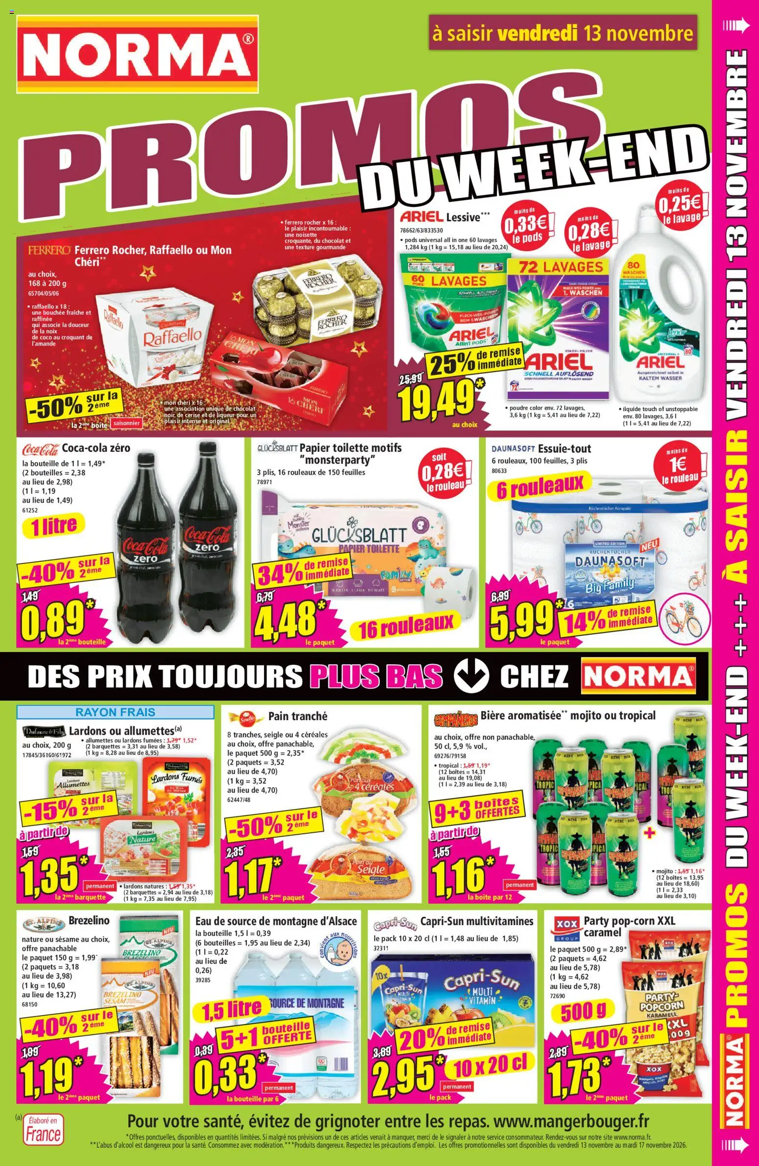Prévisualisation de Norma catalogue du magasin Norma formulaire valide 10/11/2026 - Coco, Bière, Coca cola, Pain, Ariel, Lessive, Poudre, Allumettes