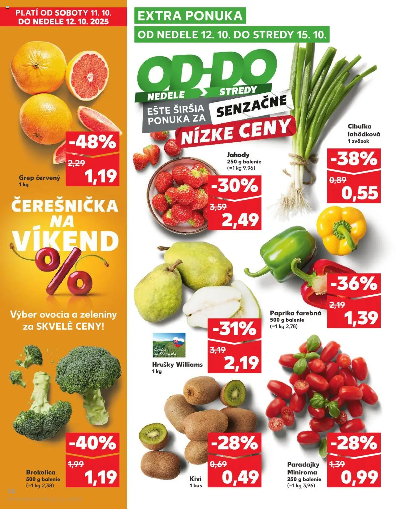 Náhľad Kaufland letáku platného od 09.10.2025 - Kiwi, Paprika, Paradajky, Jahody, Brokolica, Kivi, Grep, Hrušky