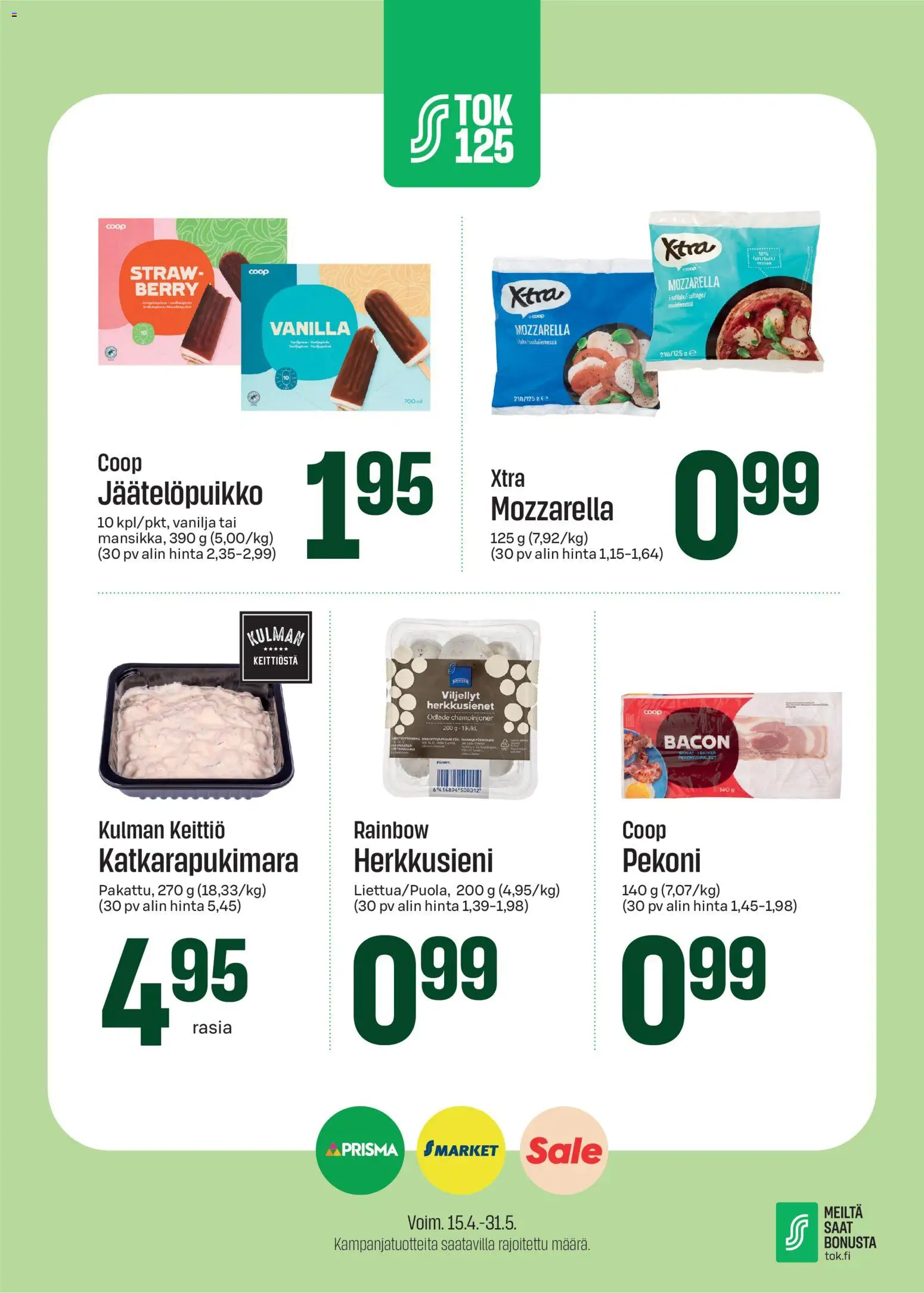 Kaupan S-market S-market tarjoukset - TOK125 esikatselu, voimassa 15/04/2026 - Keittiö, Mozzarella, Pekoni