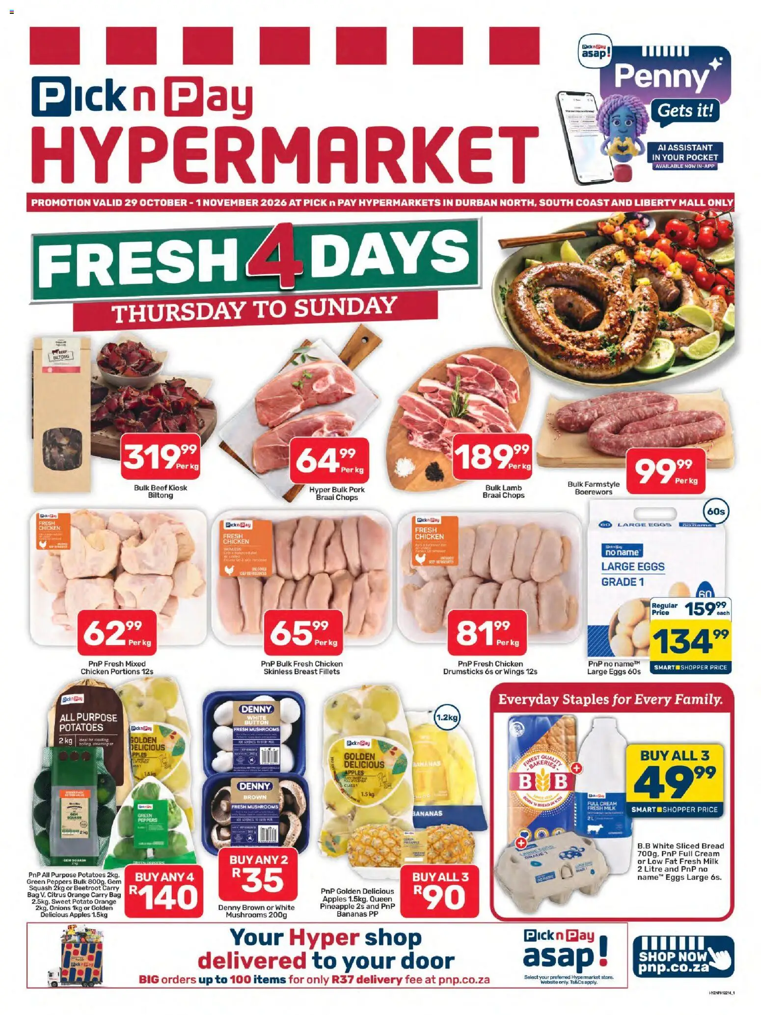 Preview of Pick n Pay flyer valid from 29/10/2026 - Apples, Chicken, Bag, Bananas, Pineapple, Mushrooms, Boerewors, Onions