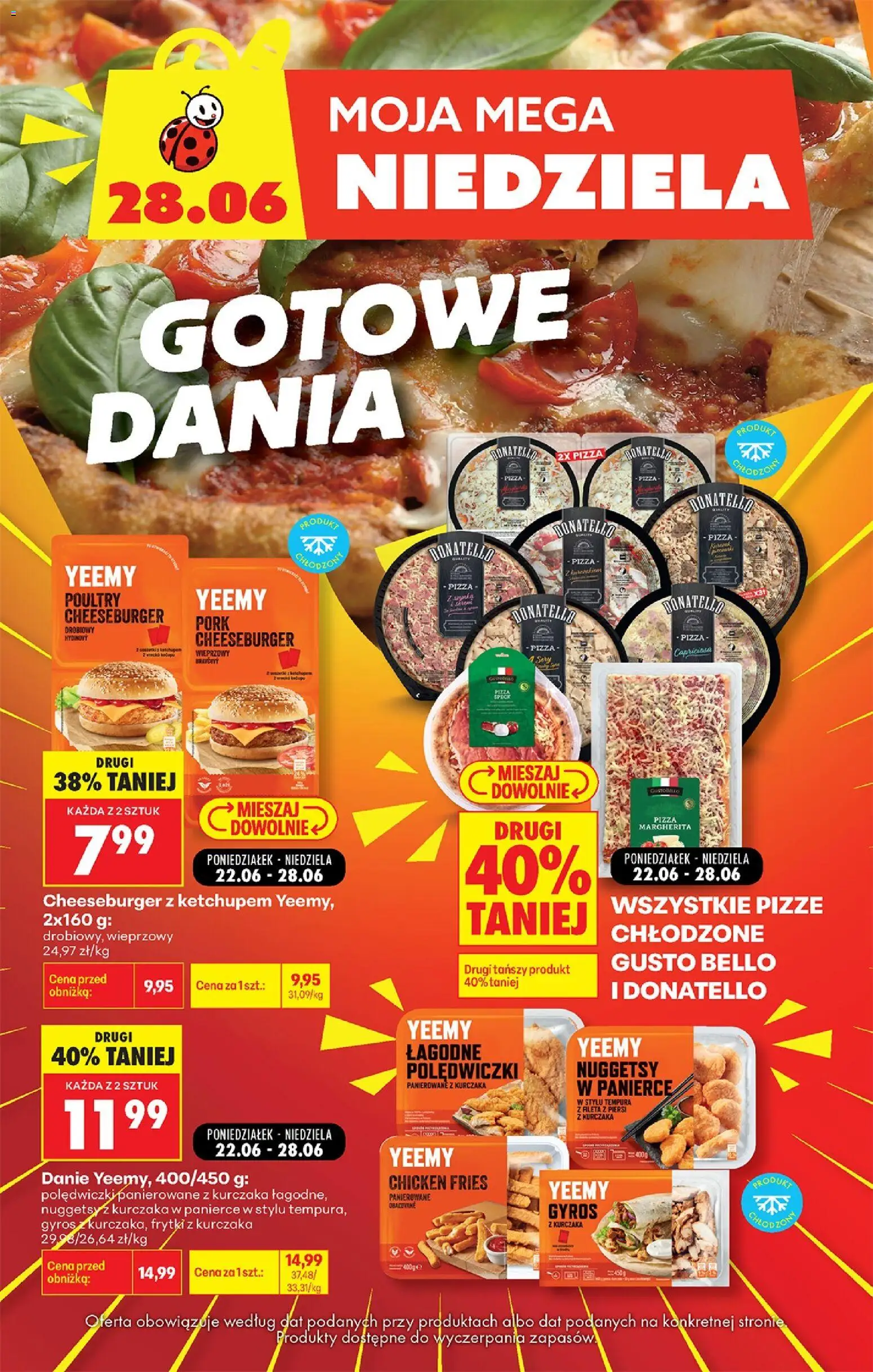 Pogląd gazetki "Biedronka gazetka - Mega niedziela" ze sklepu Biedronka ważnej od 28.06.2026 - Piersi z kurczaka, Cheeseburger, Polędwiczki, Donatello pizza, Pizza donatello, Gyros z kurczaka, Gotowe dania, Nuggetsy z kurczaka w panierce