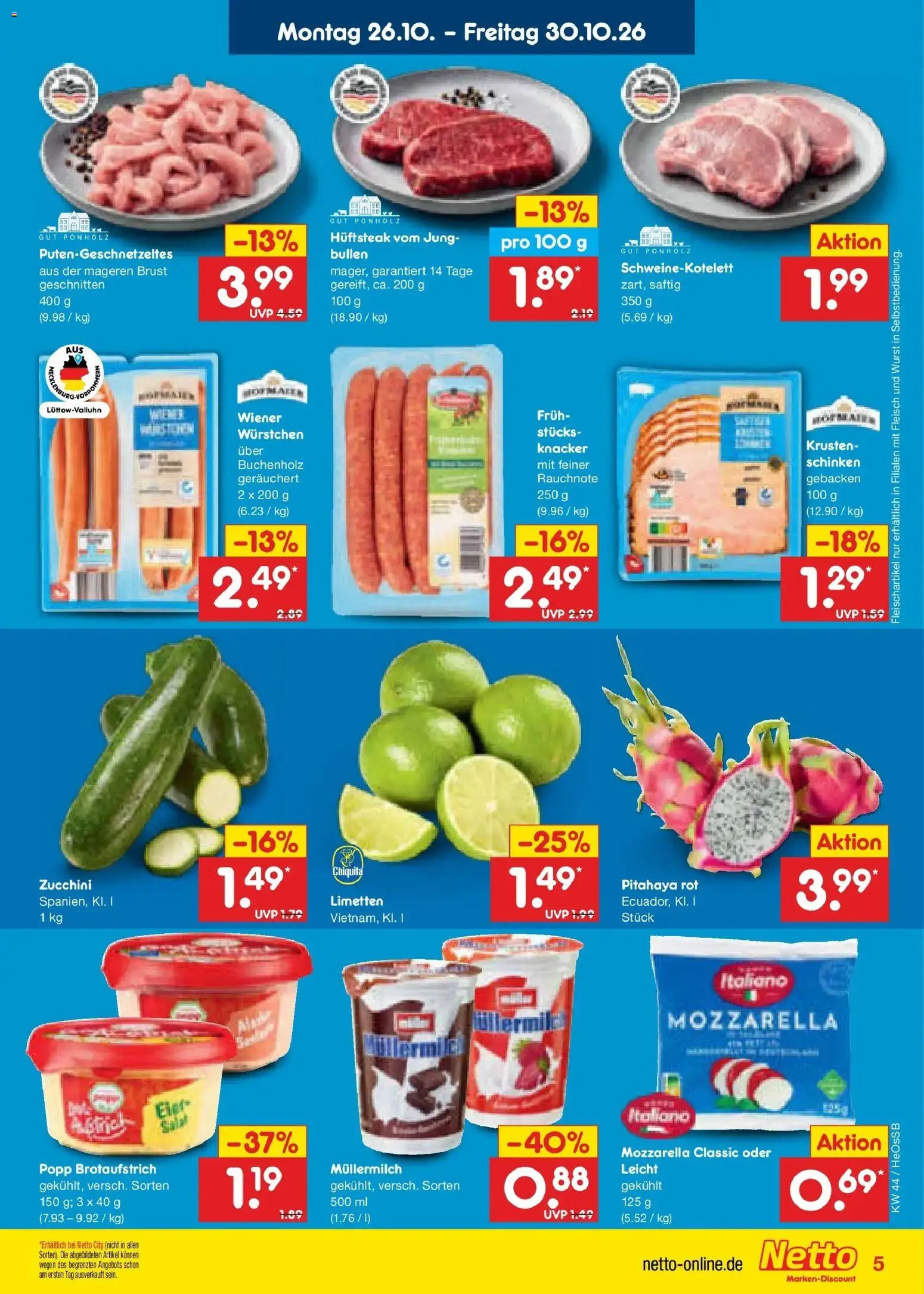 Vorschau von dem Prospekt des Geschäftes Netto Marken-Discount, gültig ab dem 26.10.2026 - Wurst, Zucchini, Mozzarella, Fleisch, Müllermilch, Schinken, Limetten