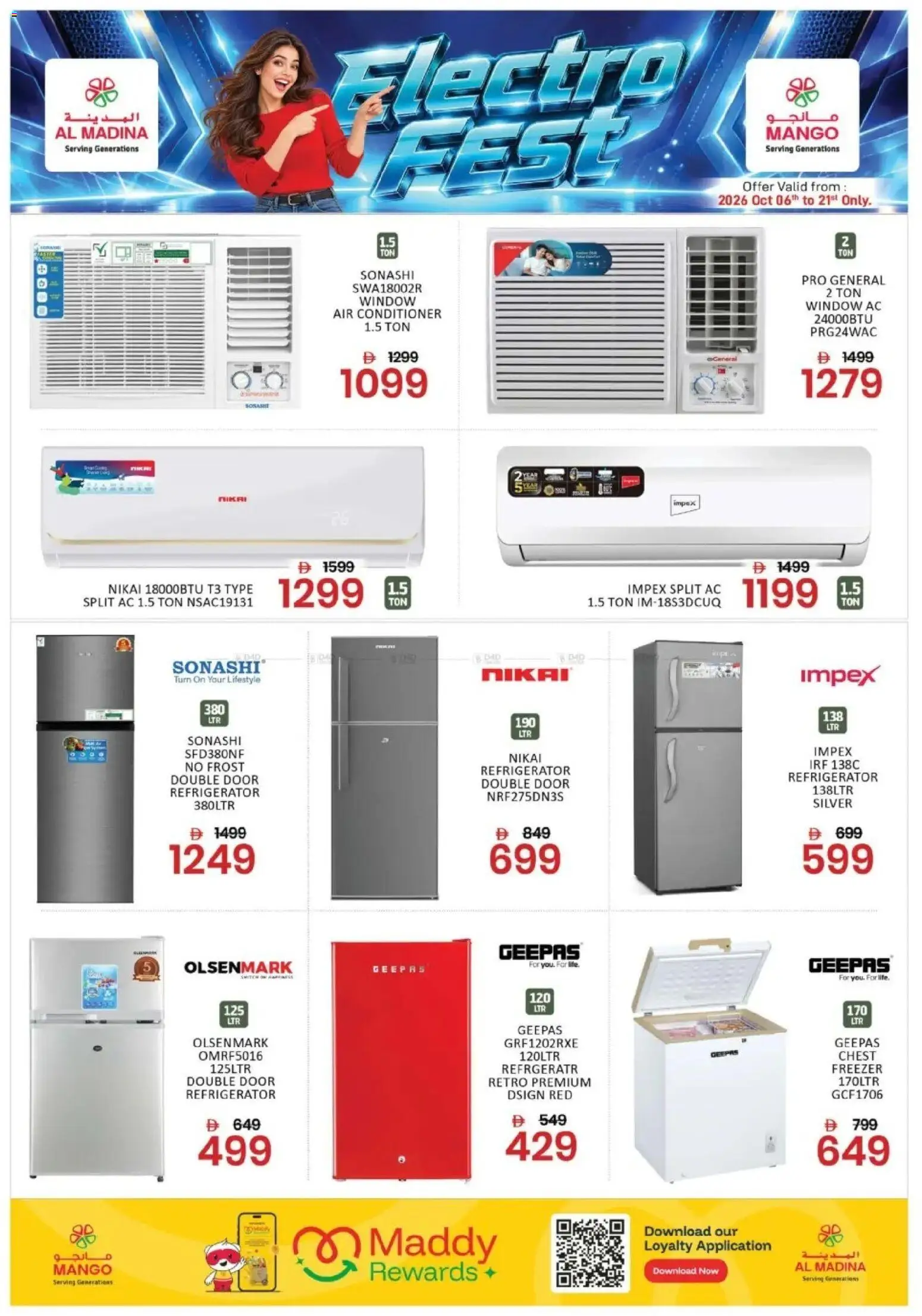 Preview of the catalogue Al Madina - Electro Fest of store Al Madina valid from 6 Oct, 2026 - Mango, Refrigerator, Freezer, Air conditioner, Conditioner