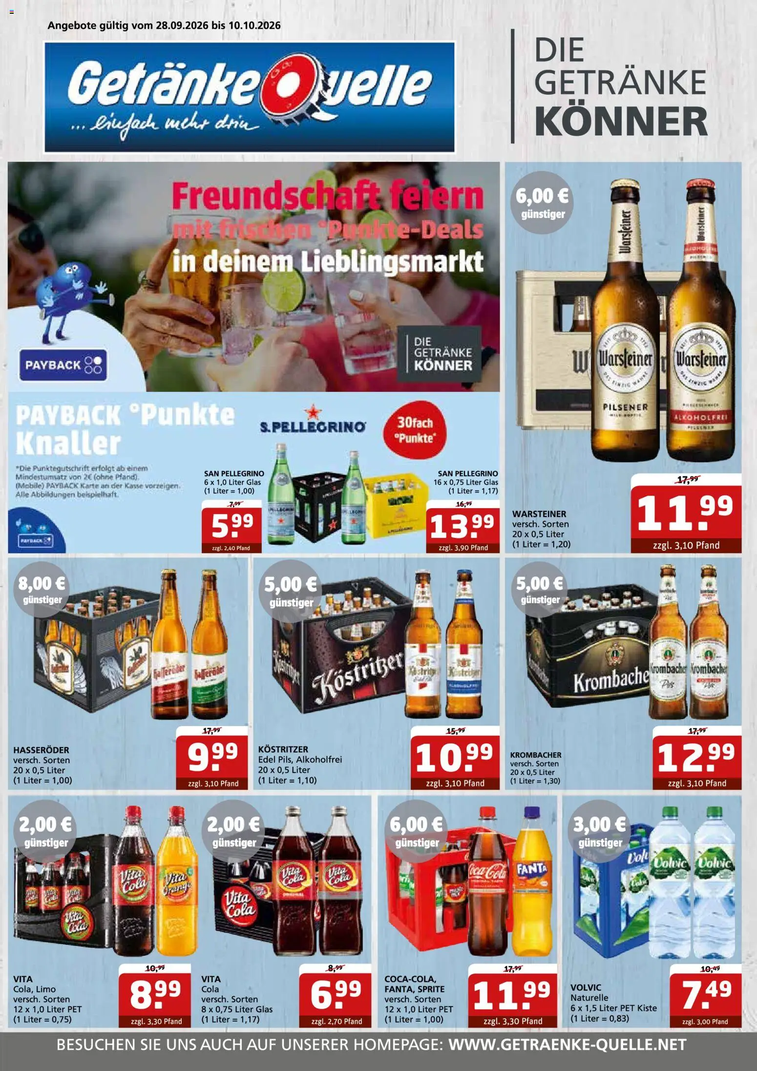 Vorschau von dem Prospekt des Geschäftes Getränke Quelle, gültig ab dem 28.09.2026 - Cola, Warsteiner, Krombacher, Fanta, Sprite, Volvic, Vita cola, Hasseröder