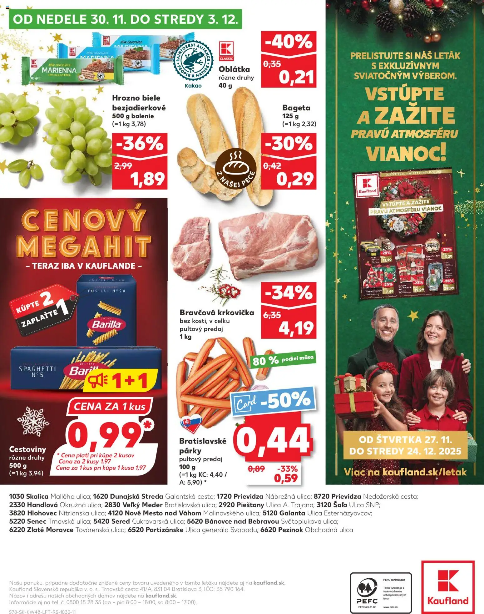 Náhľad Kaufland letáku platného od 27.11.2025 - Cestoviny, Krkovička, Fusilli, Hrozno, Kakao, Párky, Bravčová krkovička