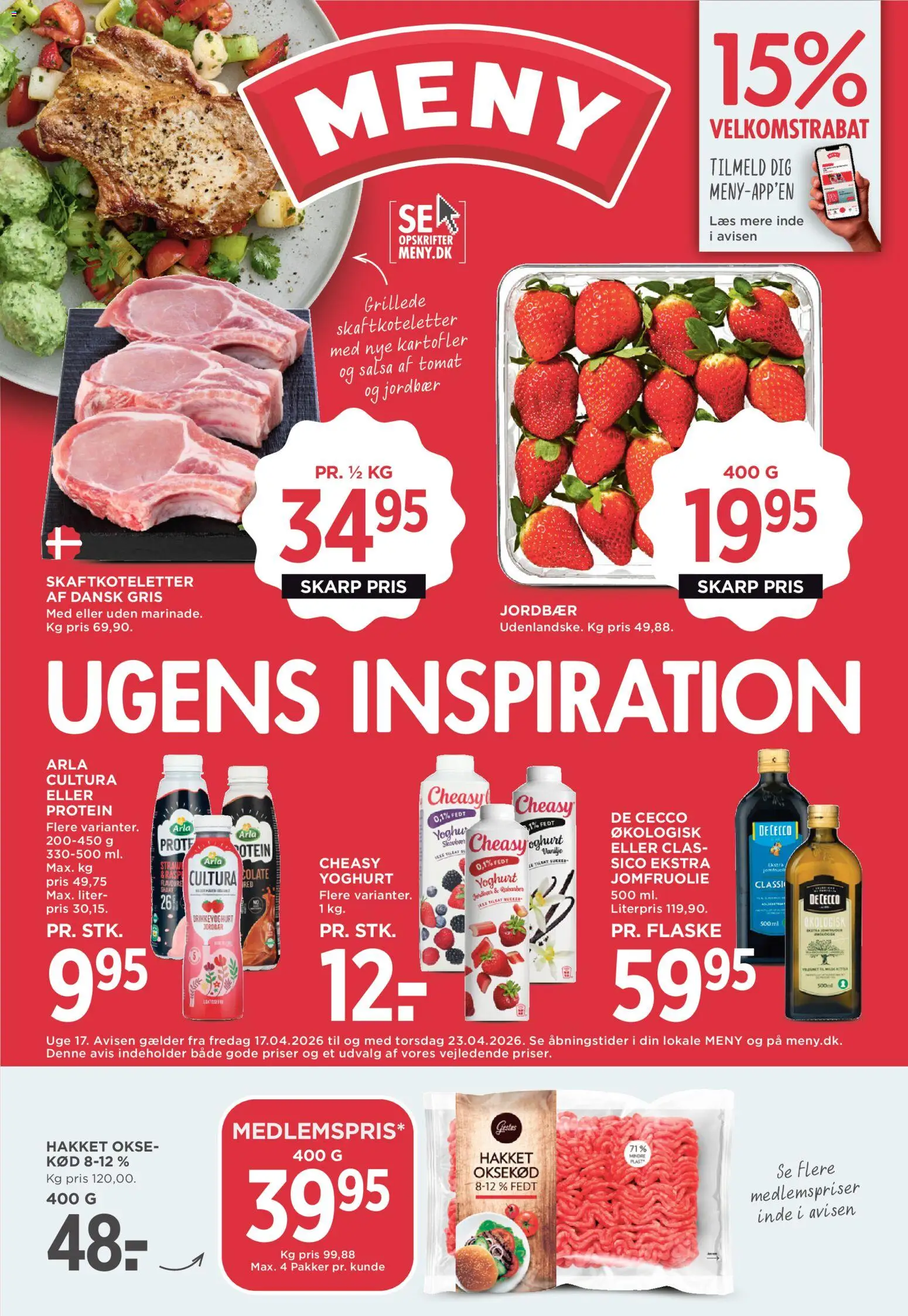 Eksempel på tilbudsavis Meny - Tilbudsavis uge 17 fra butik Meny gyldig fra 17/04/2026 - Jordbær, Kartofler, Salsa, Yoghurt, Oksekød, Drikkeyoghurt