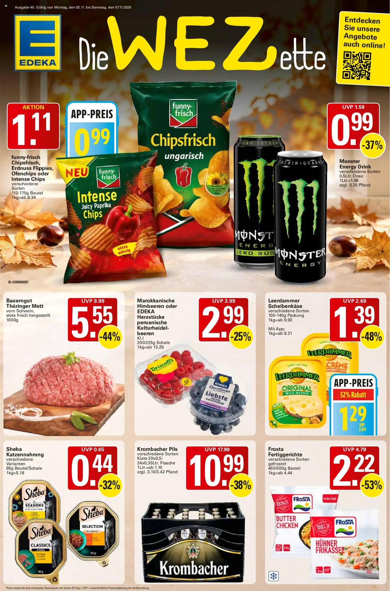Vorschau von dem Prospekt des Geschäftes WEZ, gültig ab dem 02.11.2026 - Monster, Krombacher, Paprika, Frosta, Energy, Creme, Leerdammer, Bauerngut