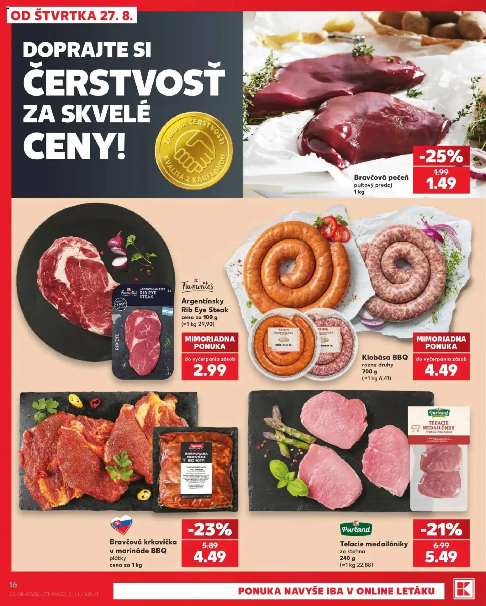 Náhľad Kaufland letáku platného od 27.08.2026 - Steak, Pečeň, Krkovička, Klobása, Bravčová pečeň, Bravčová krkovička, Stehná