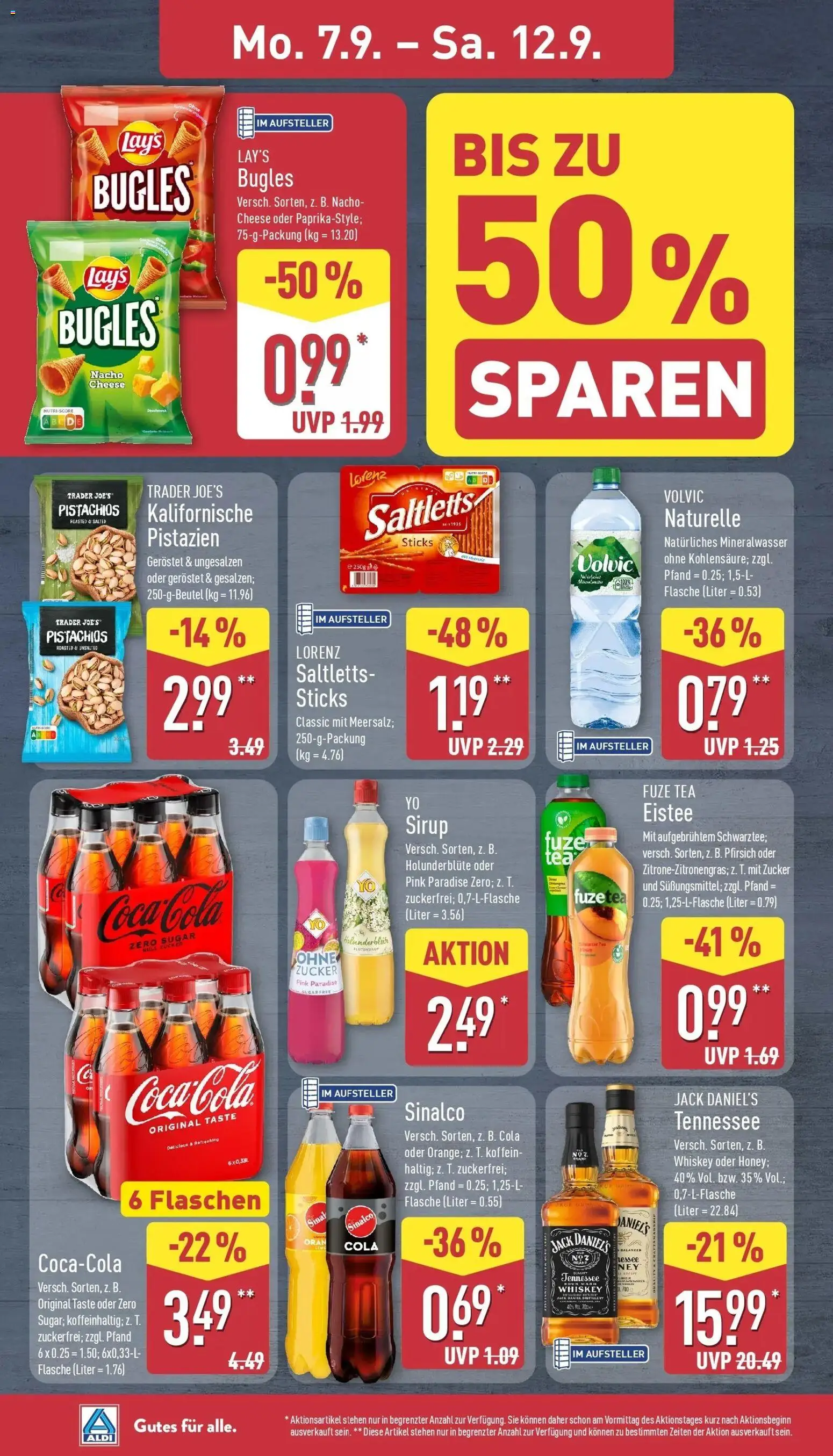Vorschau von dem Prospekt des Geschäftes Aldi, gültig ab dem 07.09.2026 - Chips, Tee, Cola, Pistazien, Whiskey, Volvic, Sirup, Jack Daniel's