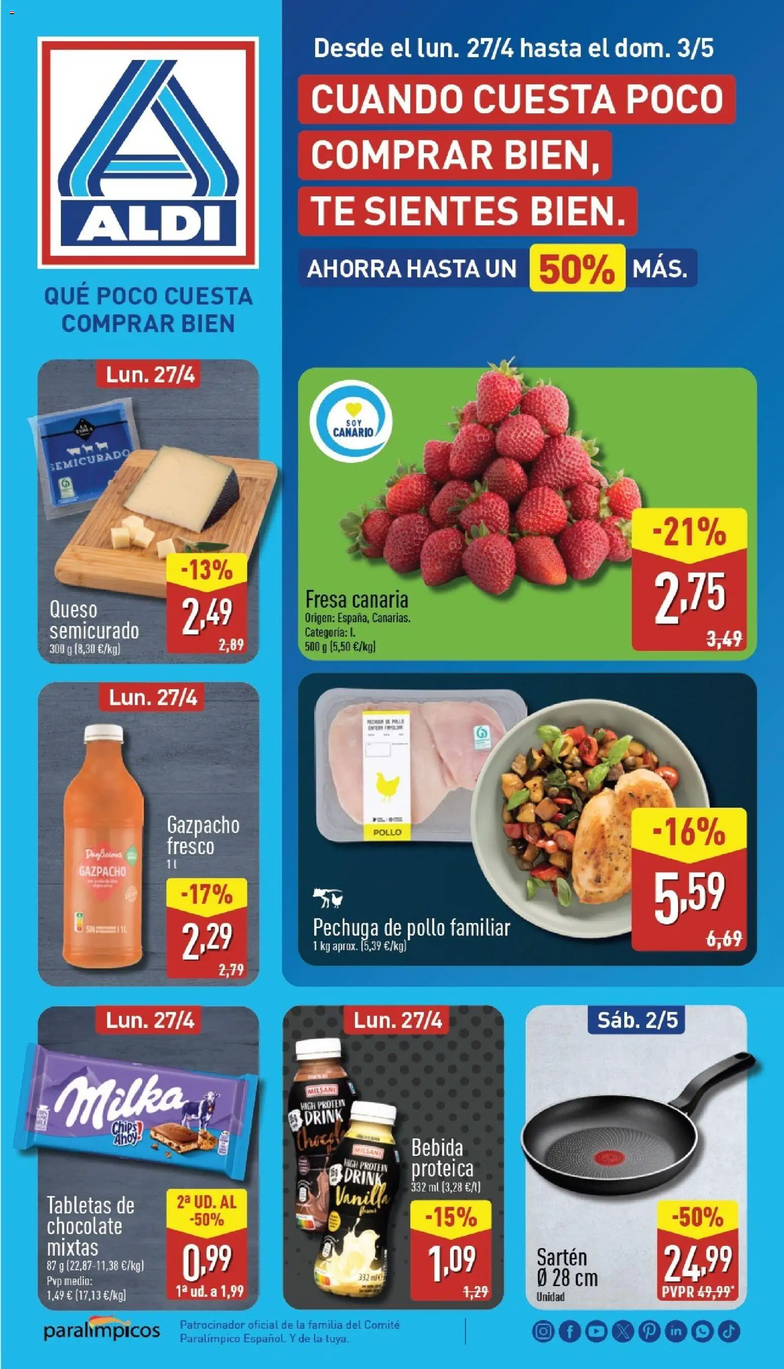 Vista previa del folleto de la tienda Aldi válido desde el 27/04/2026 - Chocolate, Té, Queso, Gazpacho, Bebida proteica, Pollo