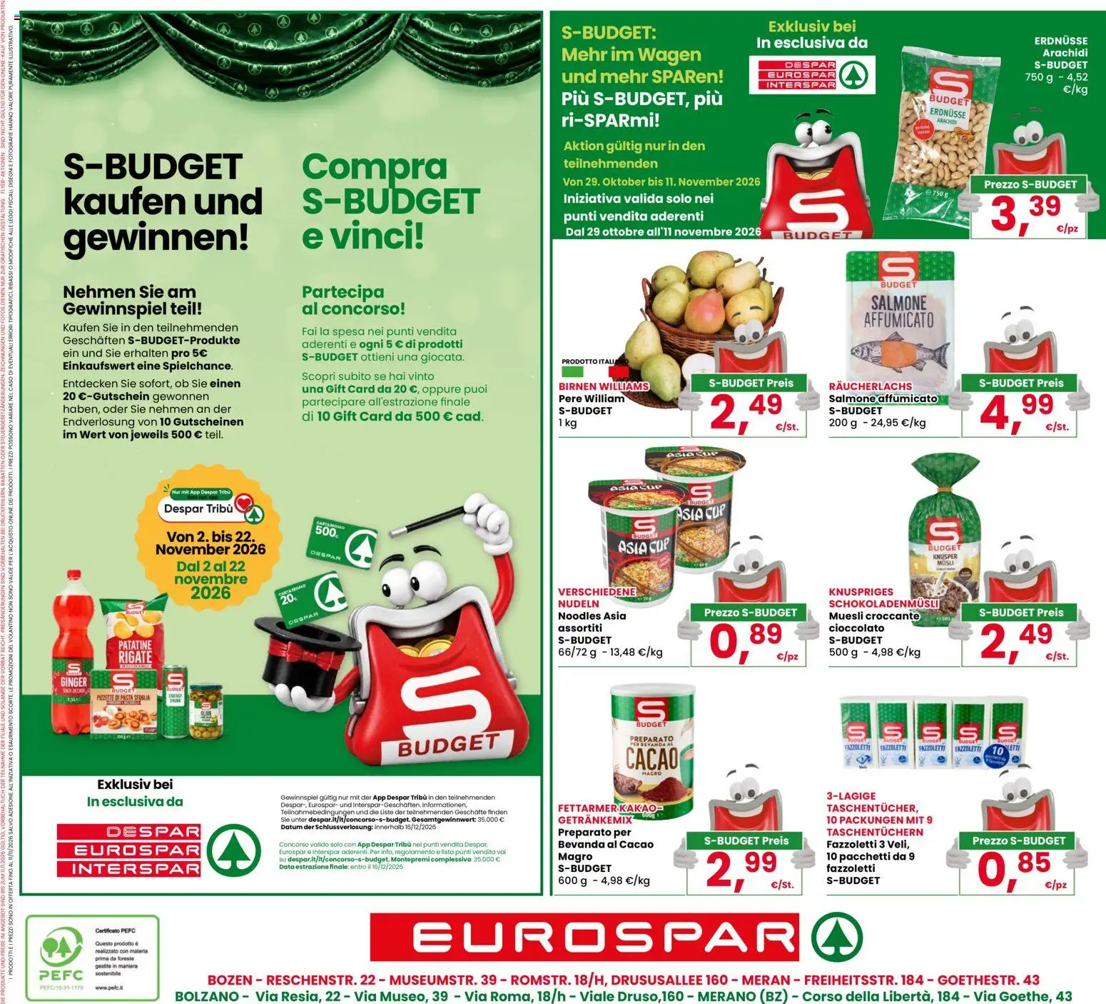Anteprima dell'opuscolo Eurospar volantino Bolzano dal negozio Eurospar valido da 29/10/2026 - Cioccolato, Pasta sfoglia, Salmone, Patatine, Arachidi, Salmone affumicato, Data, Pere