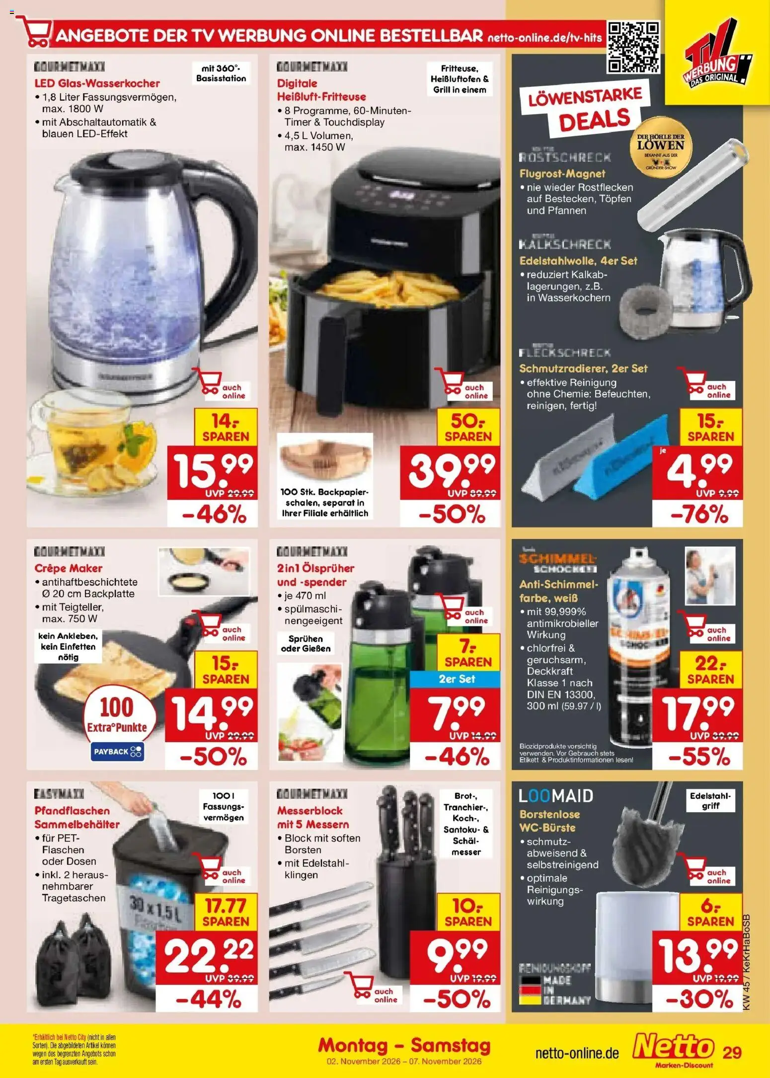 Vorschau von dem Prospekt des Geschäftes Netto Marken-Discount, gültig ab dem 02.11.2026 - Heißluftfritteuse, TV, Grill, Brot, Schal