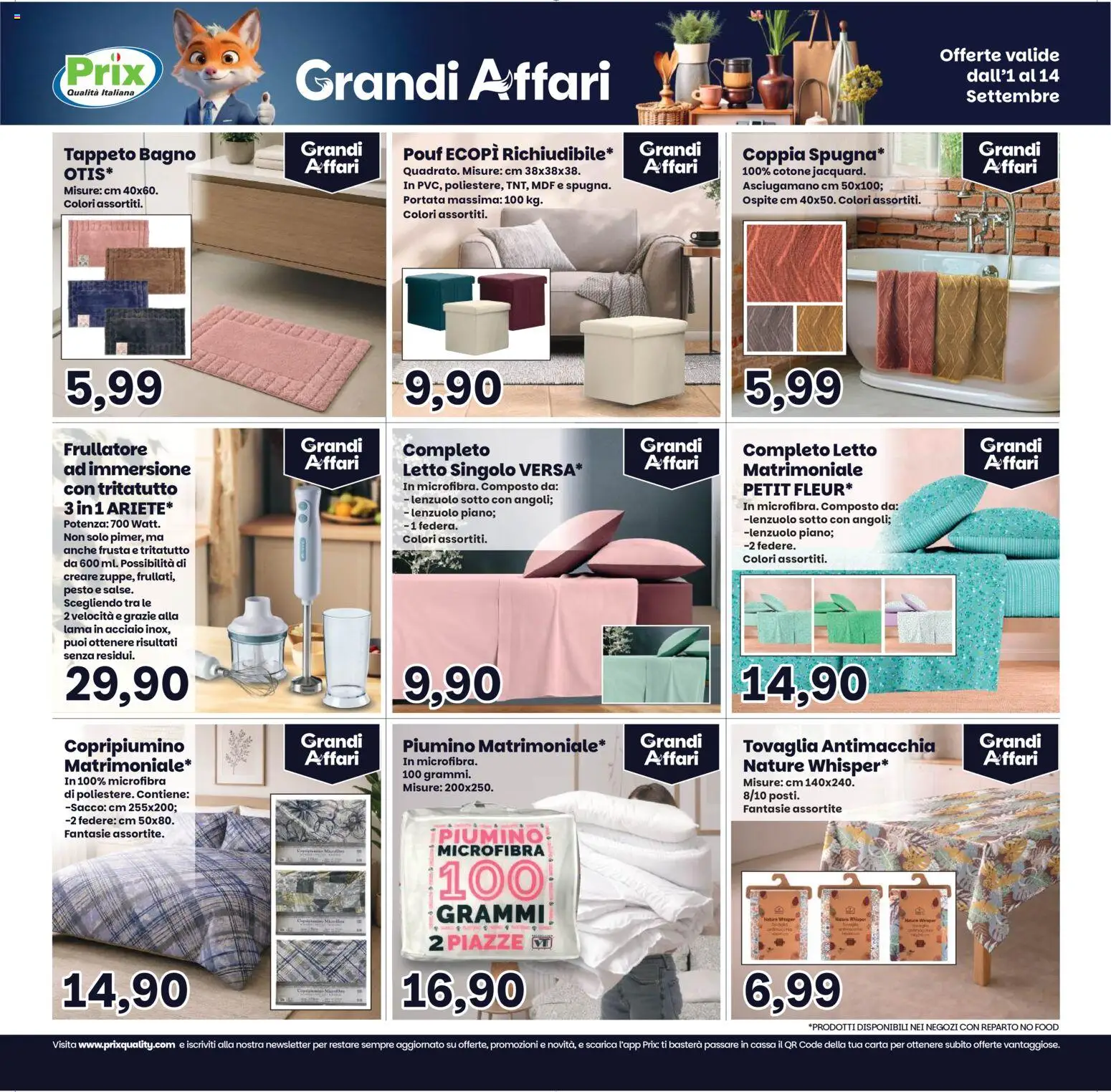 Anteprima dell'opuscolo Prix volantino Ghedi dal negozio Prix valido da 01/09/2026 - Bagno, Letto, Frullatore, Pesto, Tappeto, Tritatutto, Copripiumino, Asciugamano