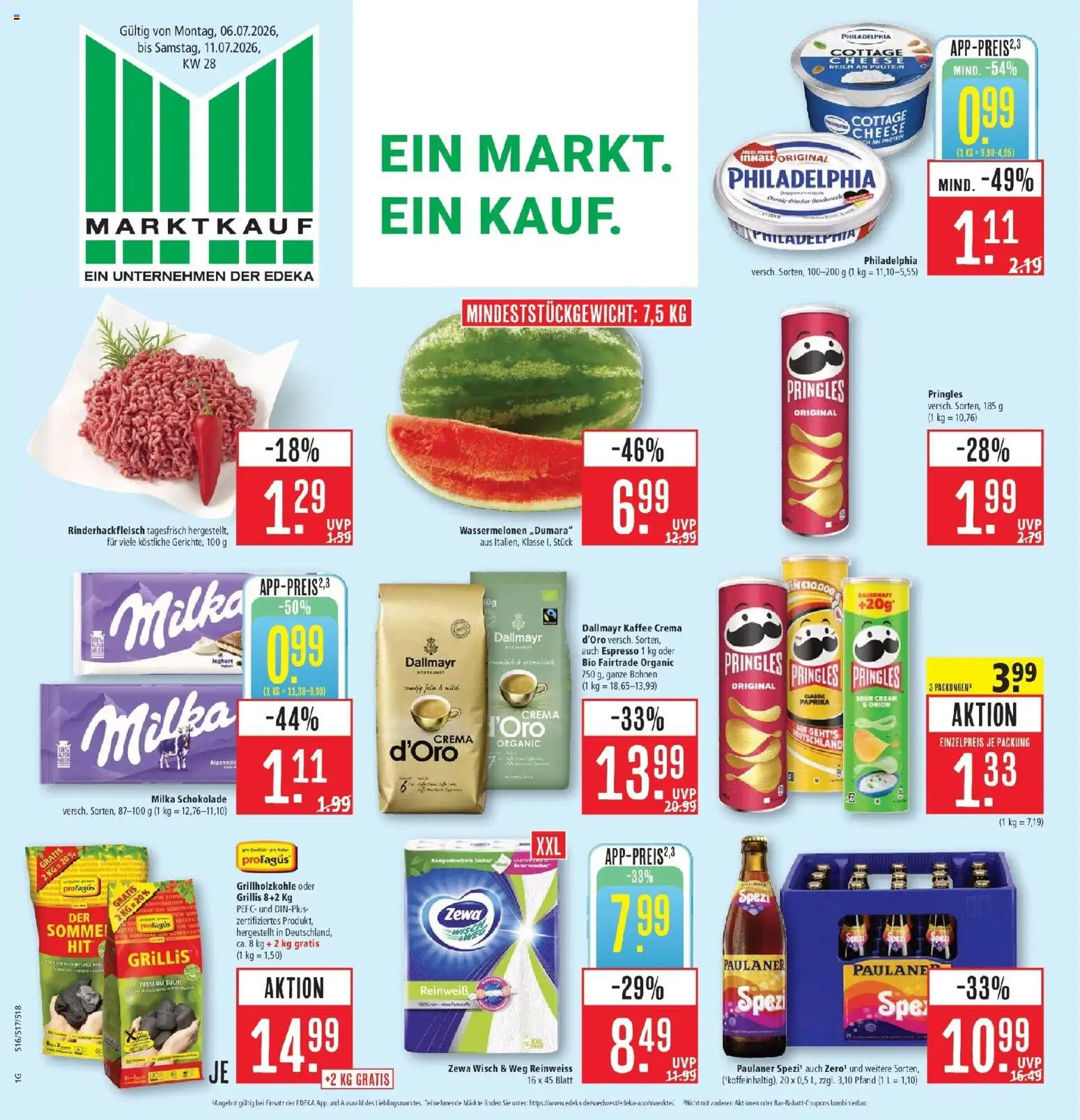 Vorschau von dem Prospekt des Geschäftes Marktkauf, gültig ab dem 06.07.2026 - Kaffee, Philadelphia, Milka schokolade, Milka, Dallmayr, Pringles, Paulaner, Zewa