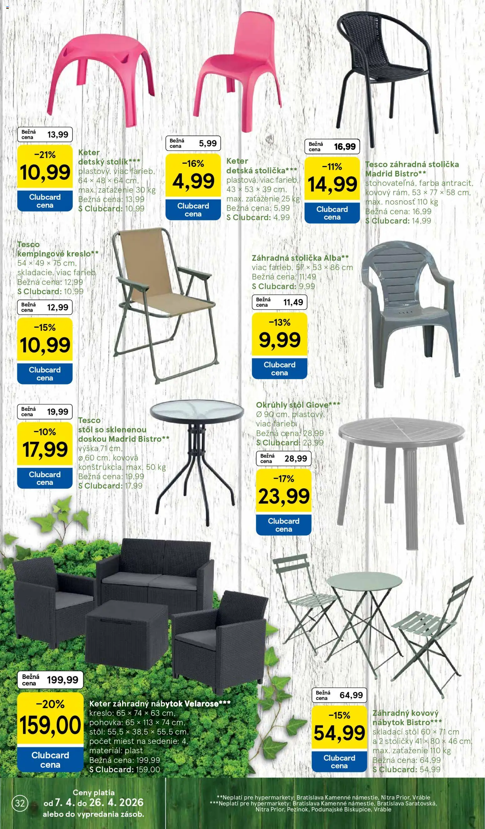 Náhľad Tesco letáku platného od 08.04.2026 - Stoličky, Stolička, Pohovka, Stôl, Záhradný nábytok, Detská stolička, Stolík, Okrúhly stôl