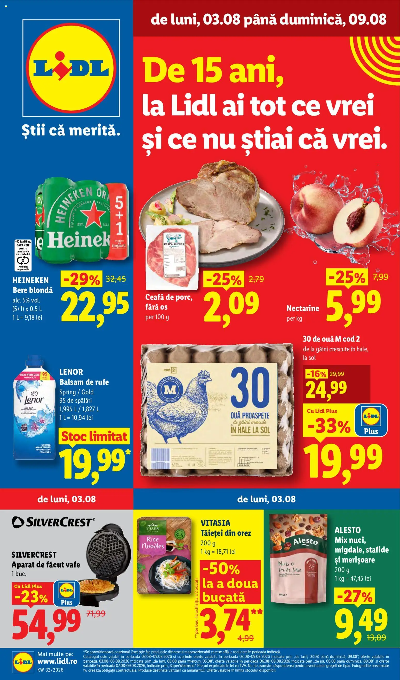 Previzualizarea de cataloage: Lidl Lidl Catalog valabil de la 03.08.2026 - Noodles, Merisoare, Orez, Ceafa de porc, Aparat, Nectarine, Ouă, Vitasia