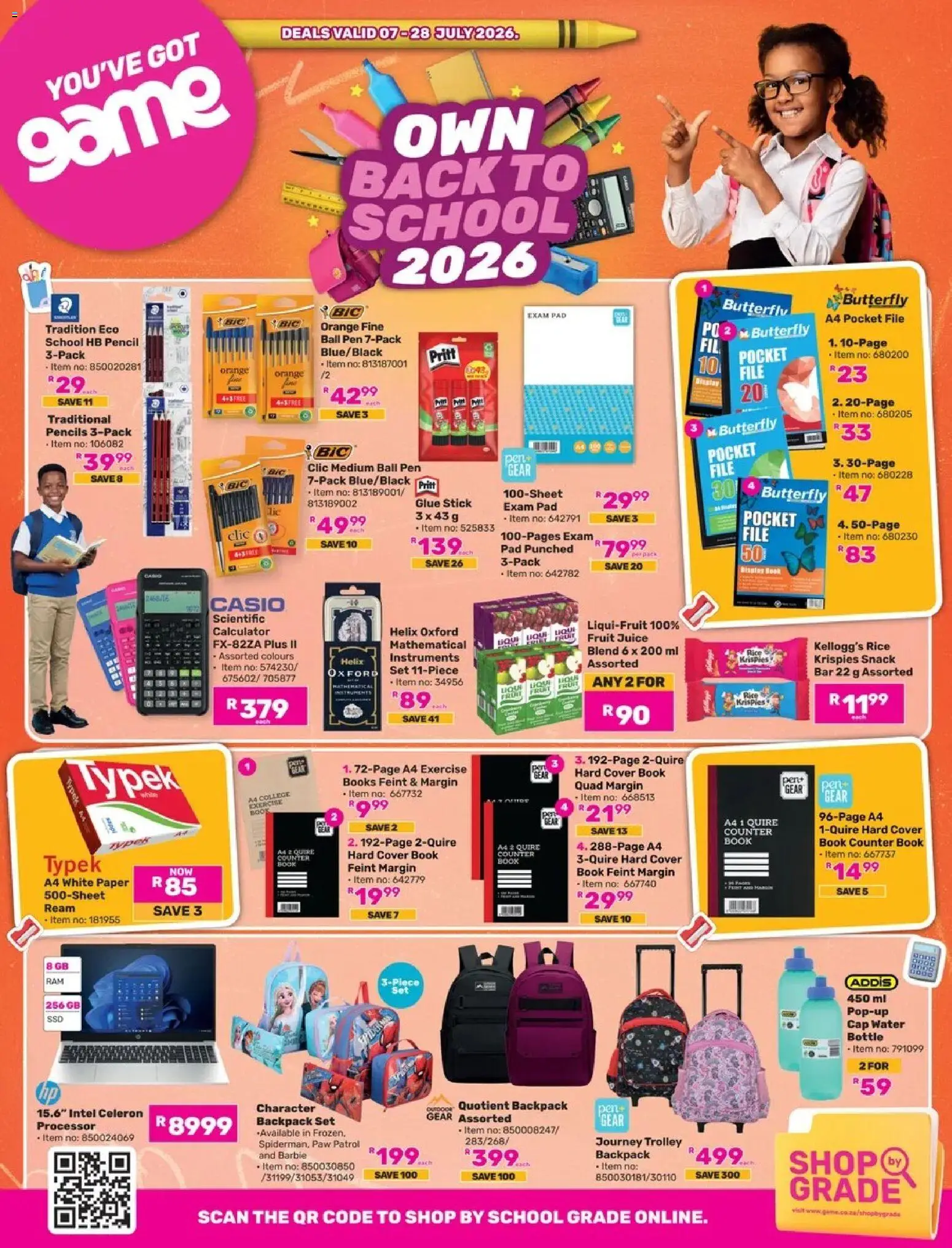 Preview of Game flyer valid from 07/07/2026 - Calculator, Water, Cap, Backpack, Fruit, Paper, Pencil, Cover
