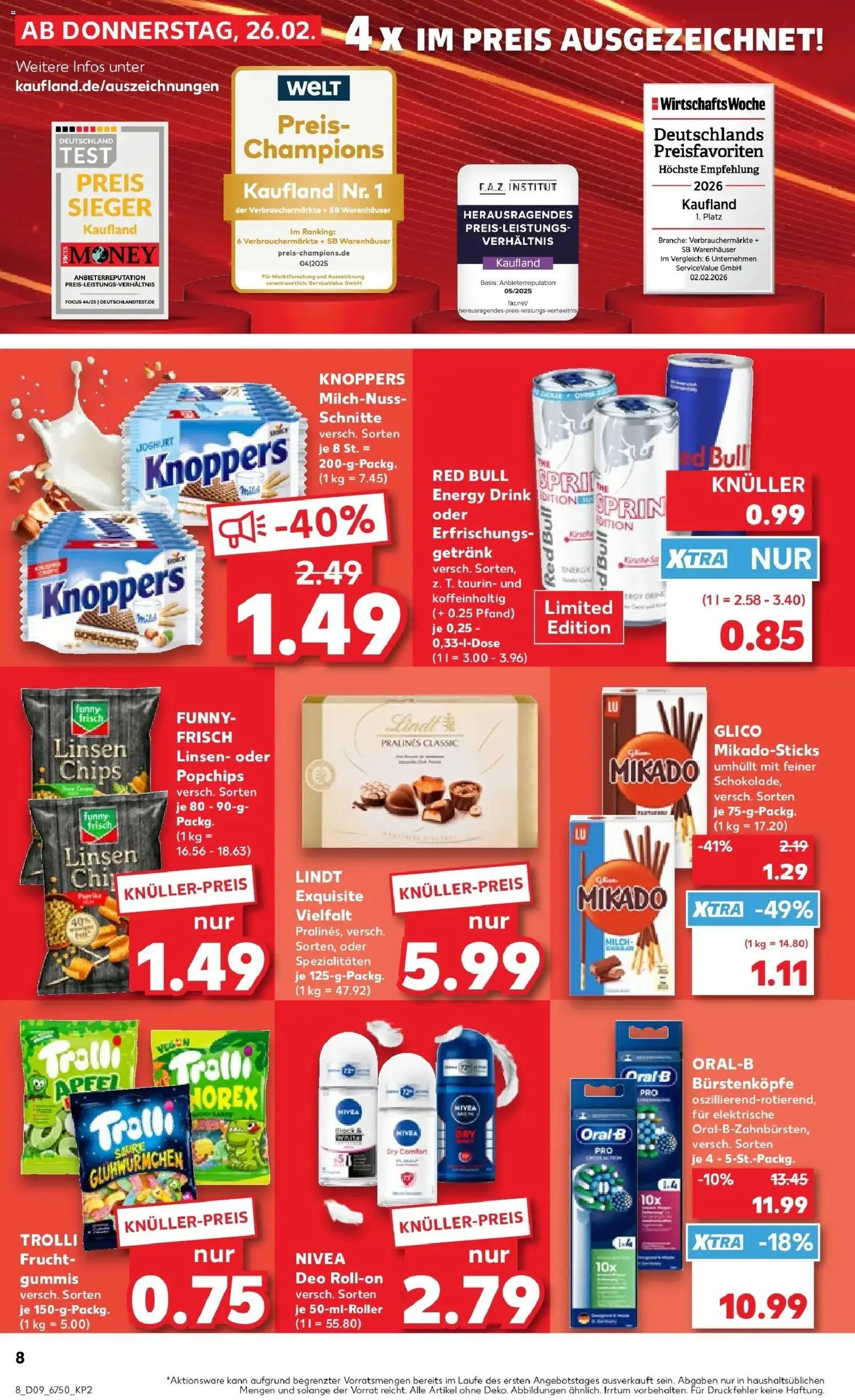 Vorschau von dem Prospekt des Geschäftes Kaufland, gültig ab dem 26.02.2026 - Chips, Äpfel, Lindt, Joghurt, Funny frisch, Knoppers, Spezialitäten, Deo Roll-On