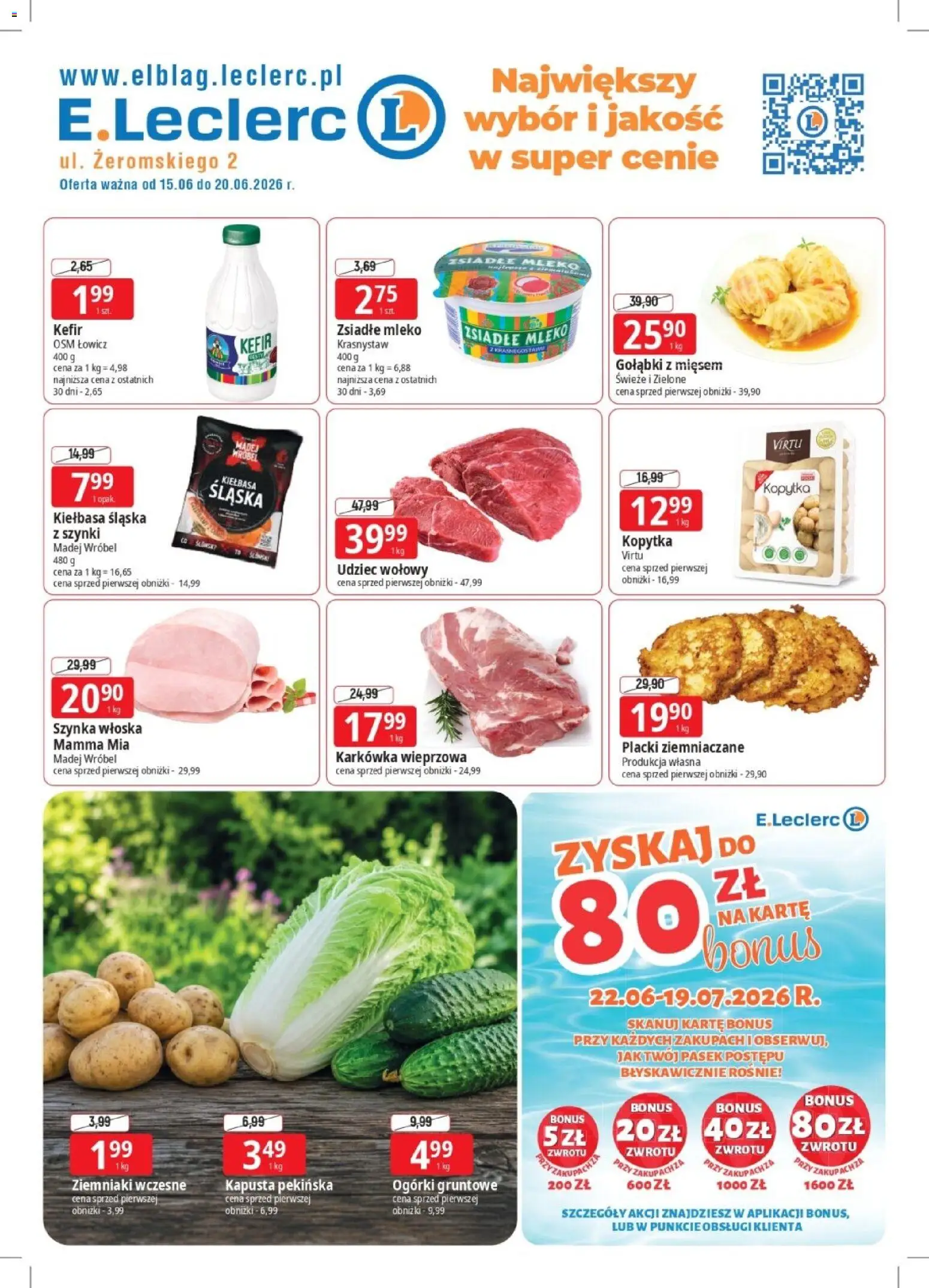 Pogląd gazetki "E.Leclerc gazetka - Elbląg" ze sklepu E.Leclerc ważnej od 15.06.2026 - Placki ziemniaczane, Gołąbki, Mleko, Ogórki, Karkówka, Szynka, Udziec wołowy, Karkówka wieprzowa