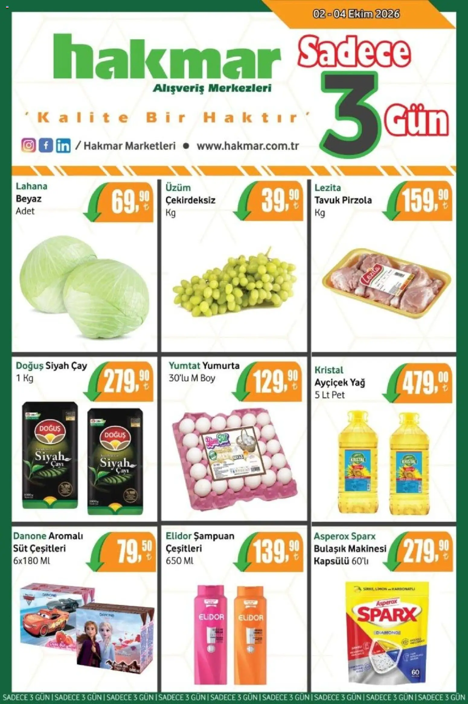 Hakmar Hakmar - Katalog Sadece 3 Gün 02.10.2026 - Broşürünün önizlemesi - Bulaşık makinesi, Çay, Limon, Şampuan, Yağ, Pirzola, Üzüm, Lahana