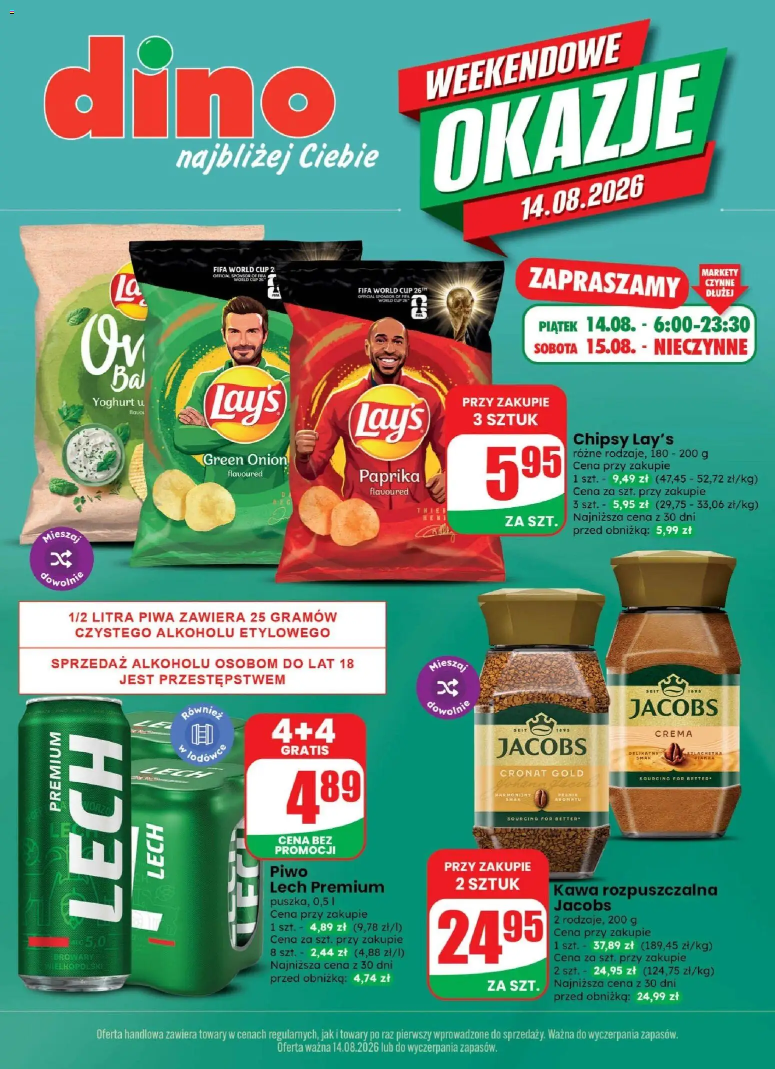 Pogląd gazetki "Dino gazetka - Weekendowe Okazje" ze sklepu Dino ważnej od 14.08.2026 - Lech, Kawa, Piwo, Jacobs, Chipsy, Kawa rozpuszczalna