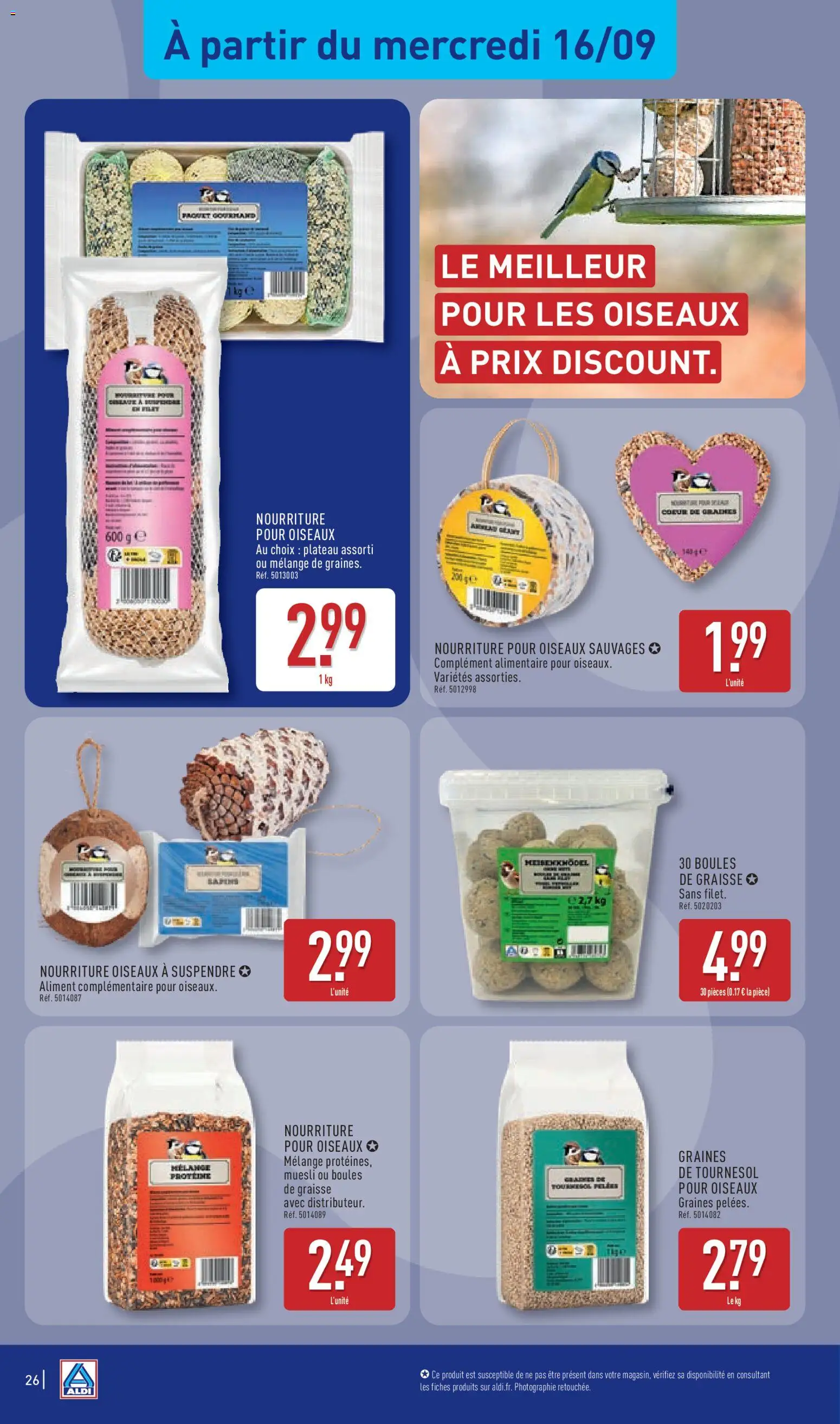 Prévisualisation de Aldi catalogue du magasin Aldi formulaire valide 15/09/2026 - Protéine, Muesli, Plateau, Graines de tournesol, Graines, Boules de graisse pour oiseaux, Graines de tournesol pour oiseaux