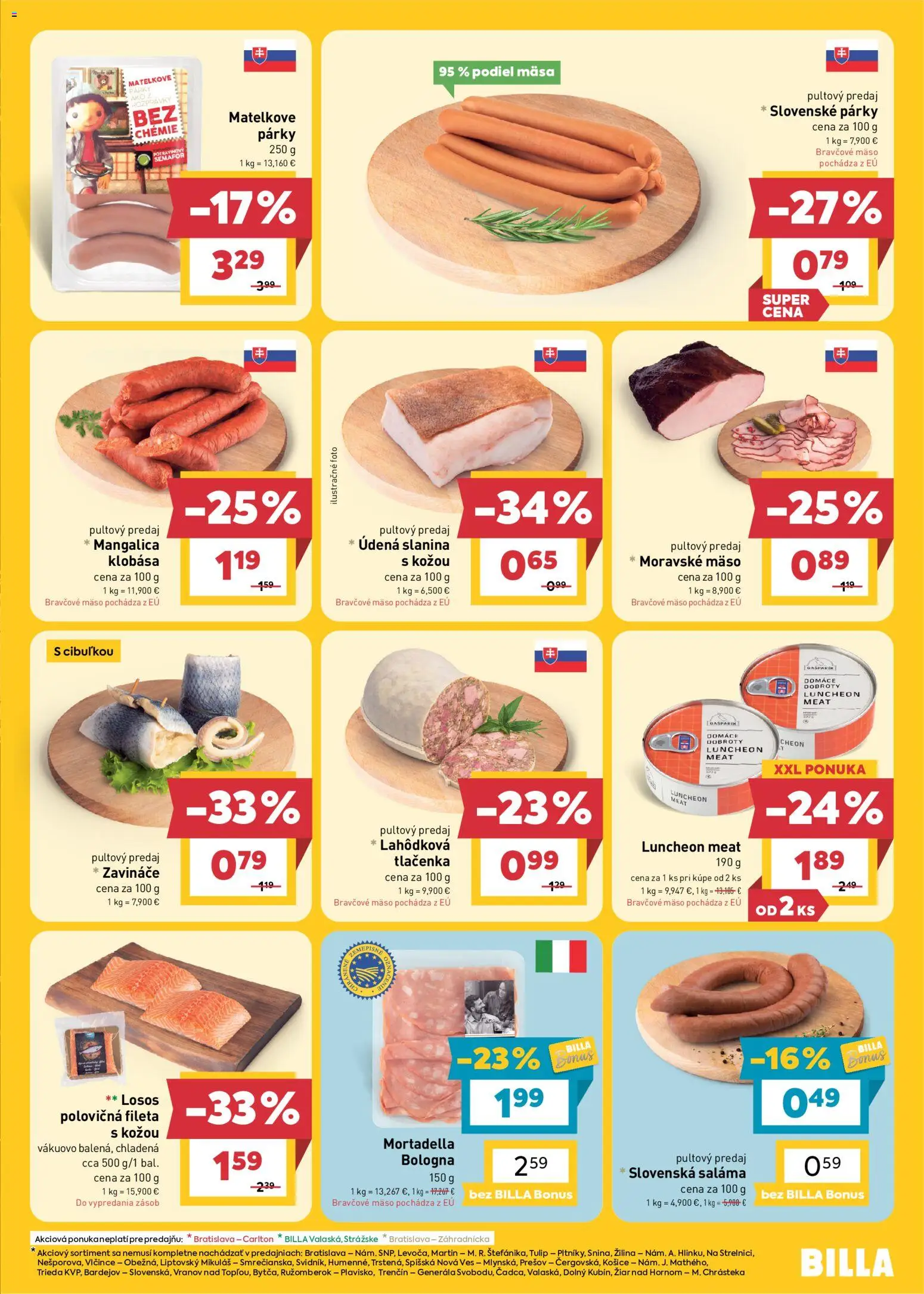 Náhľad Billa letáku platného od 14.10.2026 - Mäso, Losos, Klobása, Slanina, Párky, Bravčové mäso, Tlačenka, Saláma
