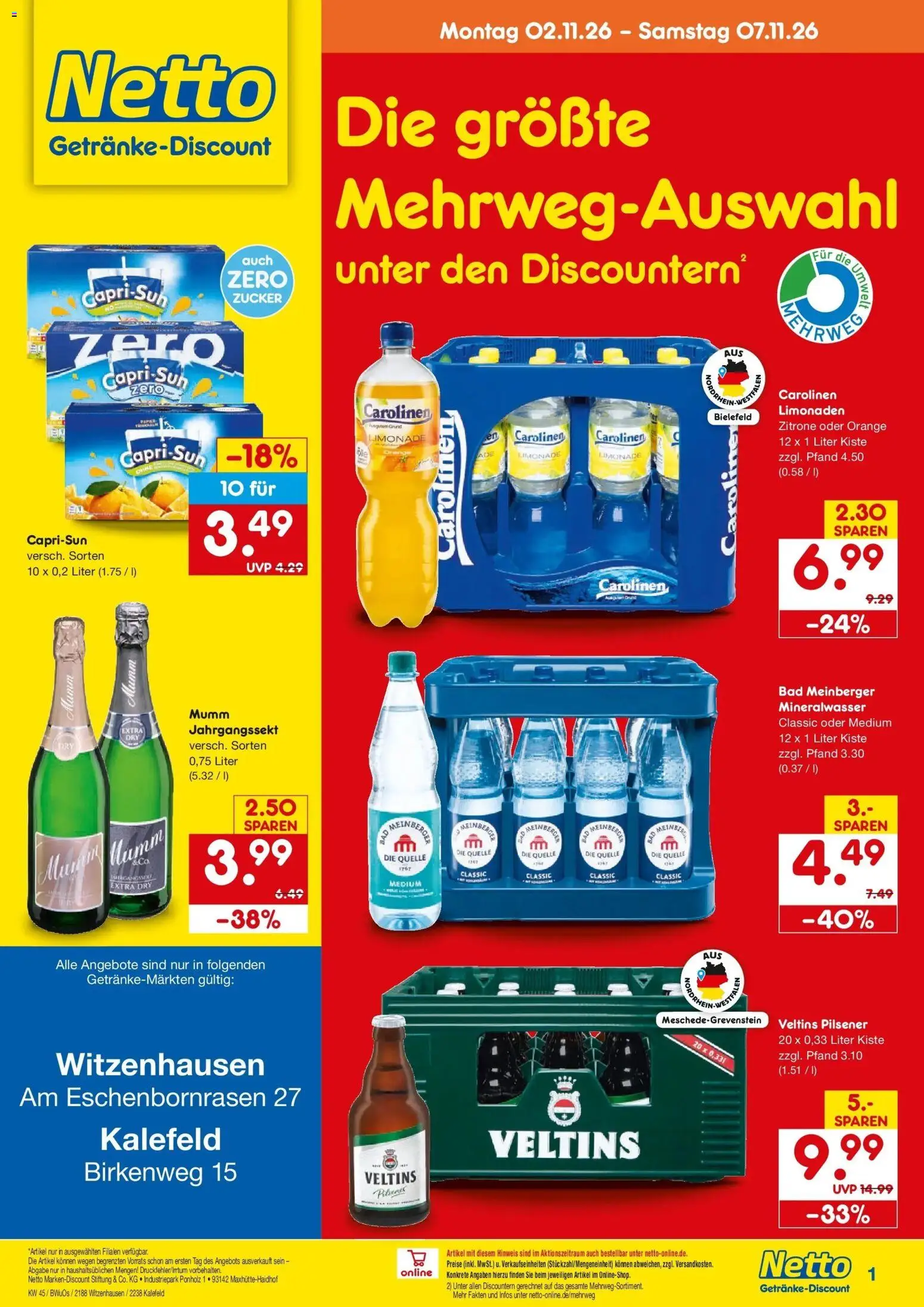 Vorschau von dem Prospekt des Geschäftes Netto Marken-Discount, gültig ab dem 02.11.2026 - Bad, Mineralwasser, Zucker, Zitrone, Veltins, Limonade