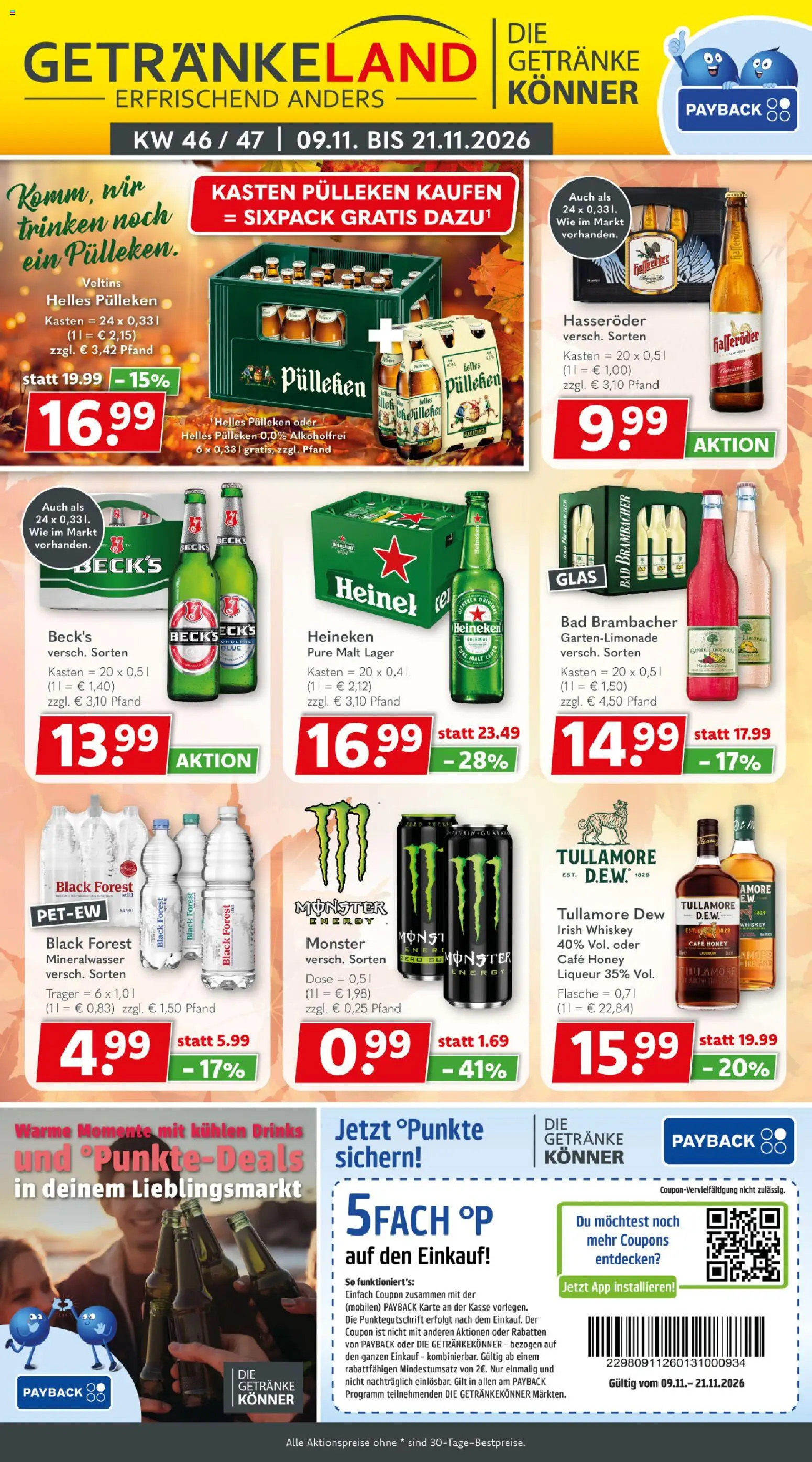 Vorschau von dem Prospekt des Geschäftes Getränkeland, gültig ab dem 09.11.2026 - Bad, Monster, Mineralwasser, Heineken, Whiskey, Energy, Hasseröder, Helles pulleken
