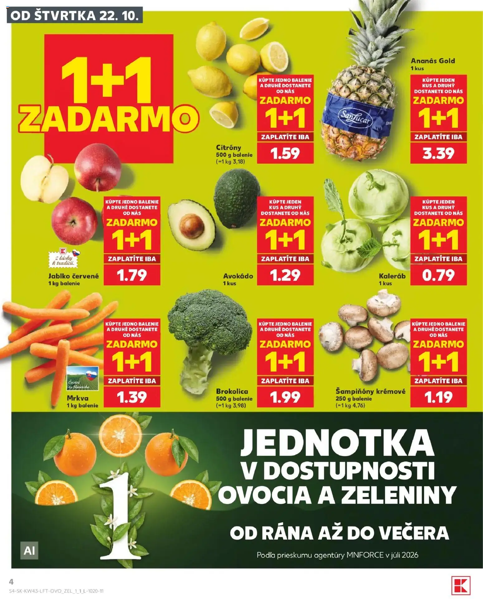 Náhľad Kaufland letáku platného od 22.10.2026 - Avokádo, Mrkva, Brokolica, Šampiňóny, Kaleráb, Ananás, Citróny