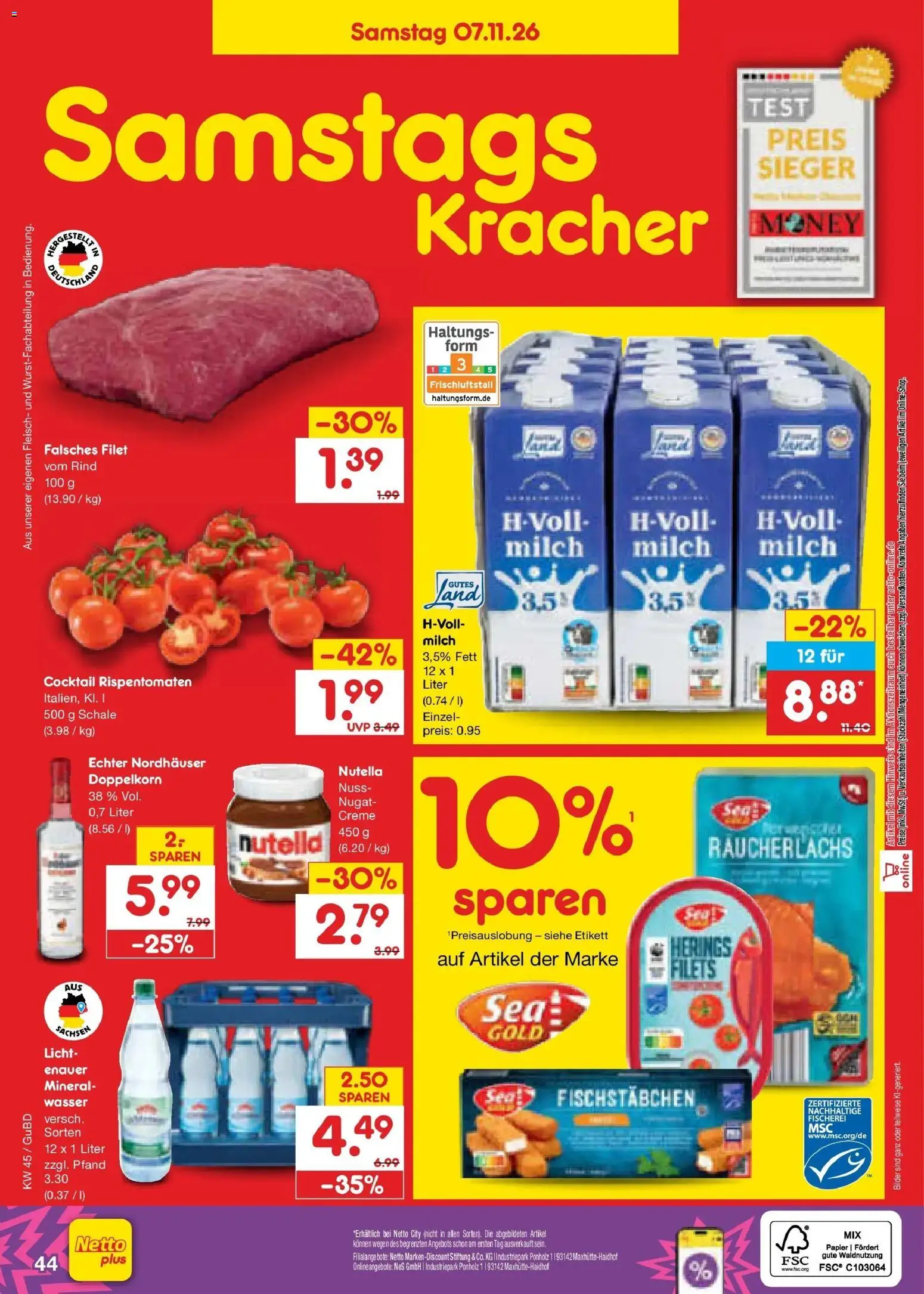 Vorschau von dem Prospekt des Geschäftes Netto Marken-Discount, gültig ab dem 02.11.2026 - Bilder, Wasser, Nutella, Milch, Fleisch, Creme, Fischstabchen, Milch 3,5%