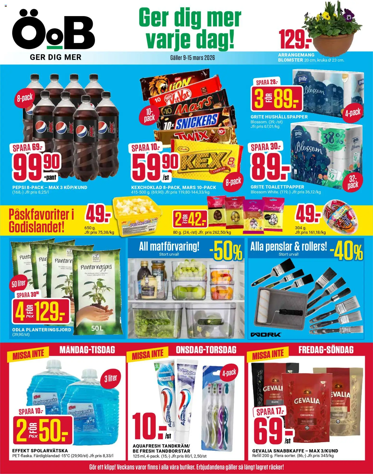 Förhandsgranska reklamblad ÖoB erbjudanden från butik ÖoB gäller från 09/03/2026 - Planteringsjord, Pepsi, Kruka, Spolarvätska, Toalettpapper, Galler, Snabbkaffe, Hushållspapper